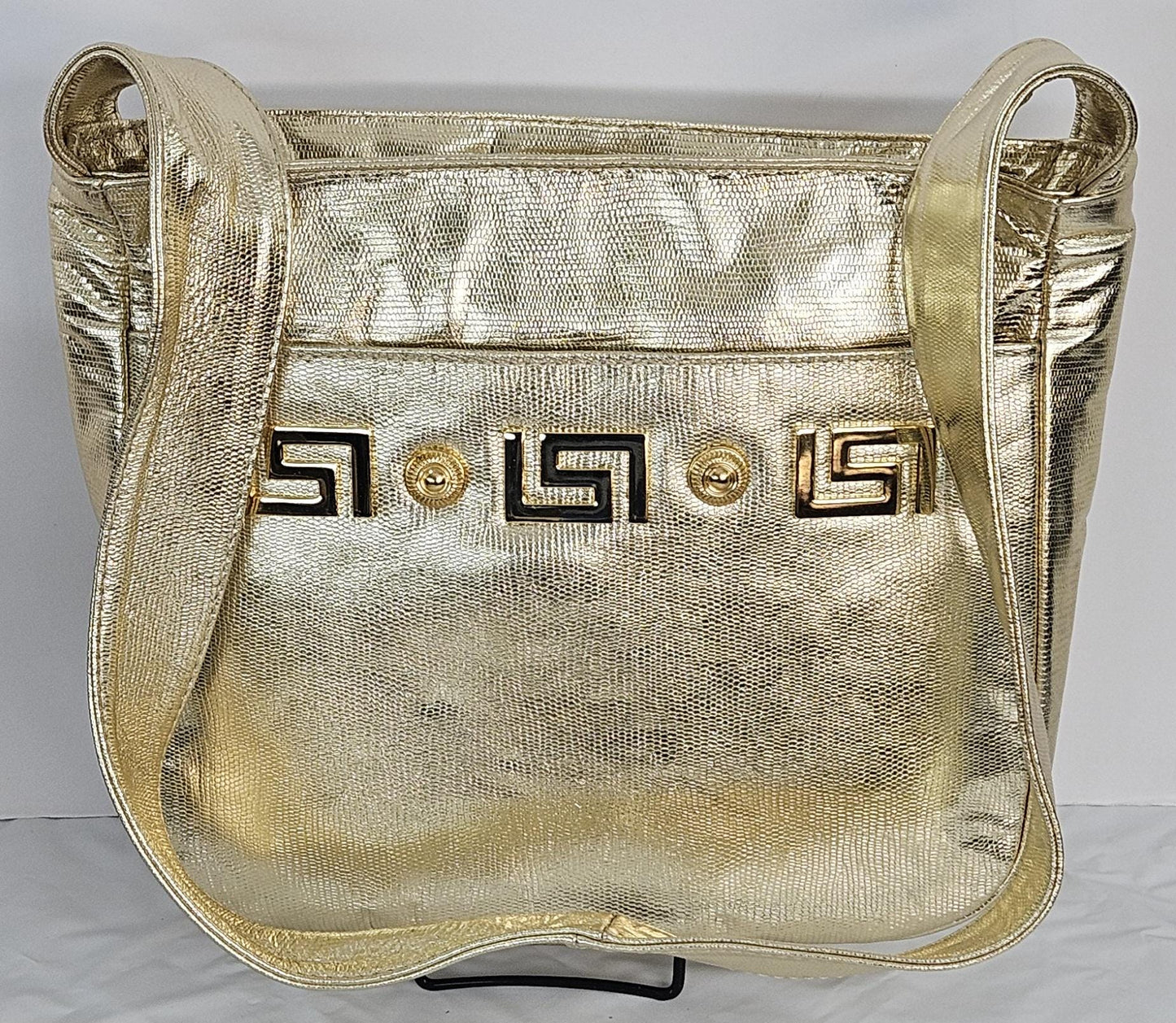 Gold Metallic Print Leather gold matel Z &buttons design.Handbag!Made in USA.#Tr8003Gmpgmz.