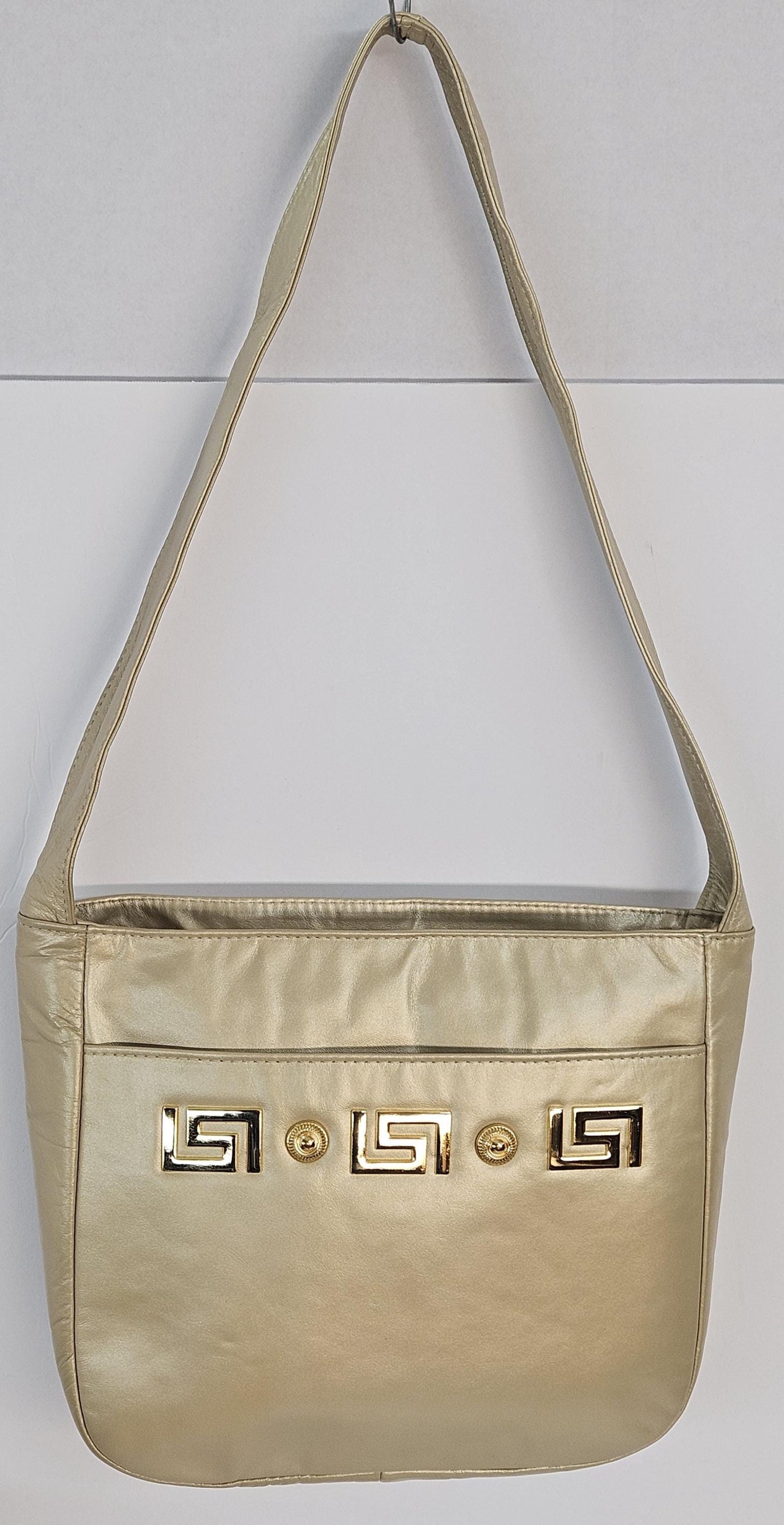 Champagne Leather gold matel Z &buttons design.Handbag!Made in USA.#Tr8003Cham.
