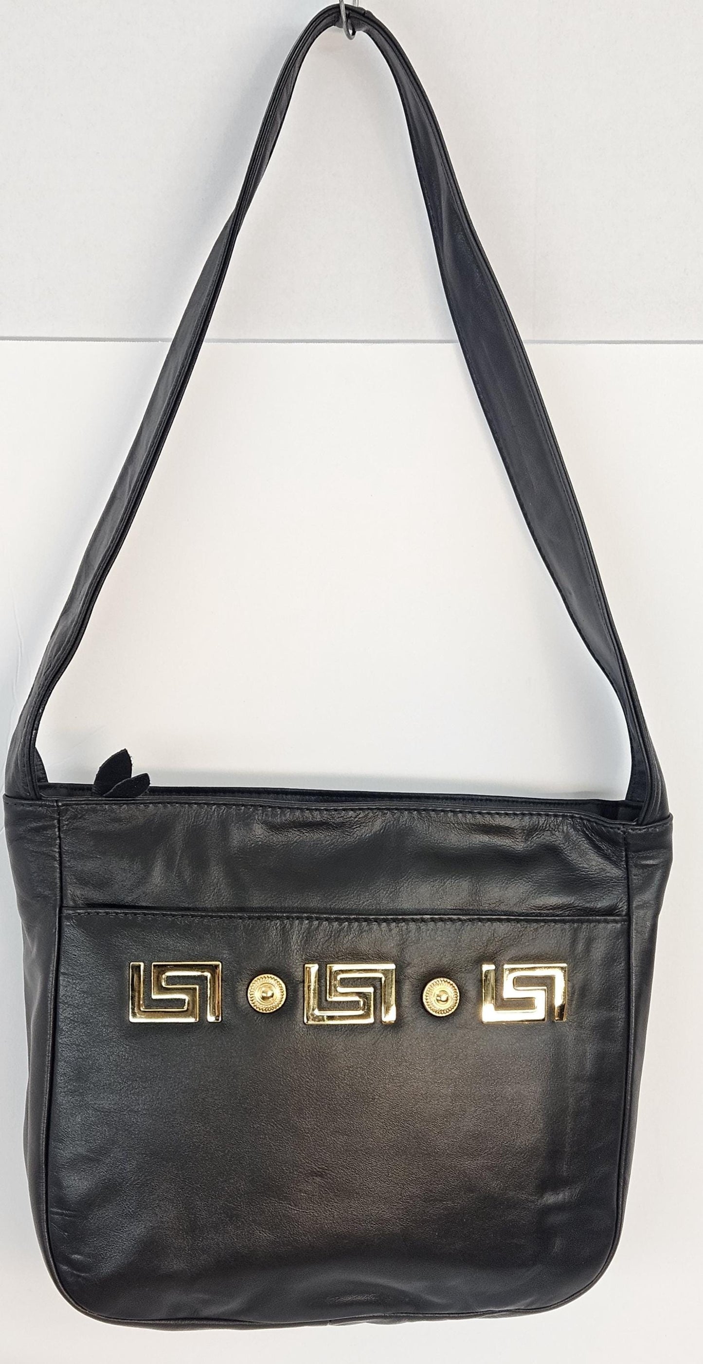 Black Leather gold matel Z &buttons design.Handbag!Made in USA.#Tr8003Bkmzb.
