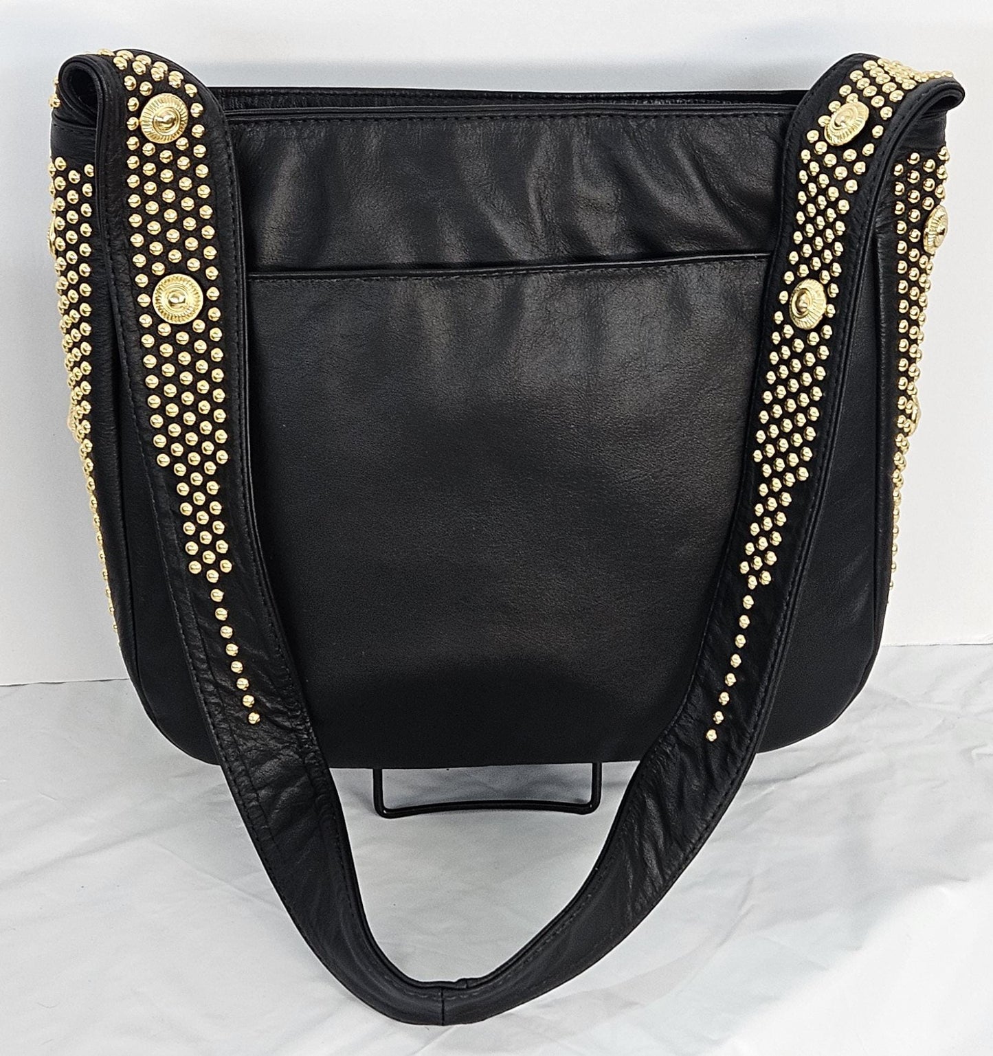 Black Leather with gold metal Studs Handbag! #Tr8003BKgs.Made in USA