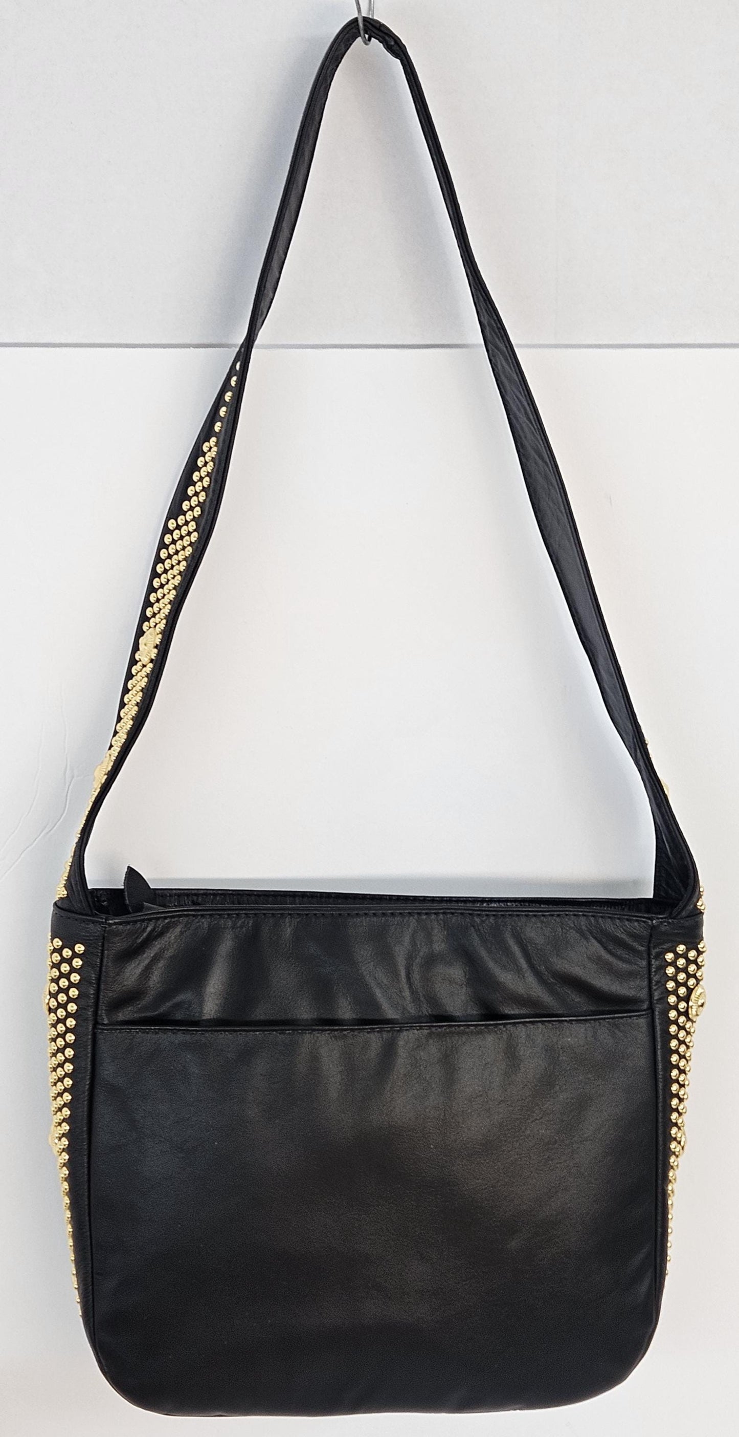 Black Leather with gold metal Studs Handbag! #Tr8003BKgs.Made in USA