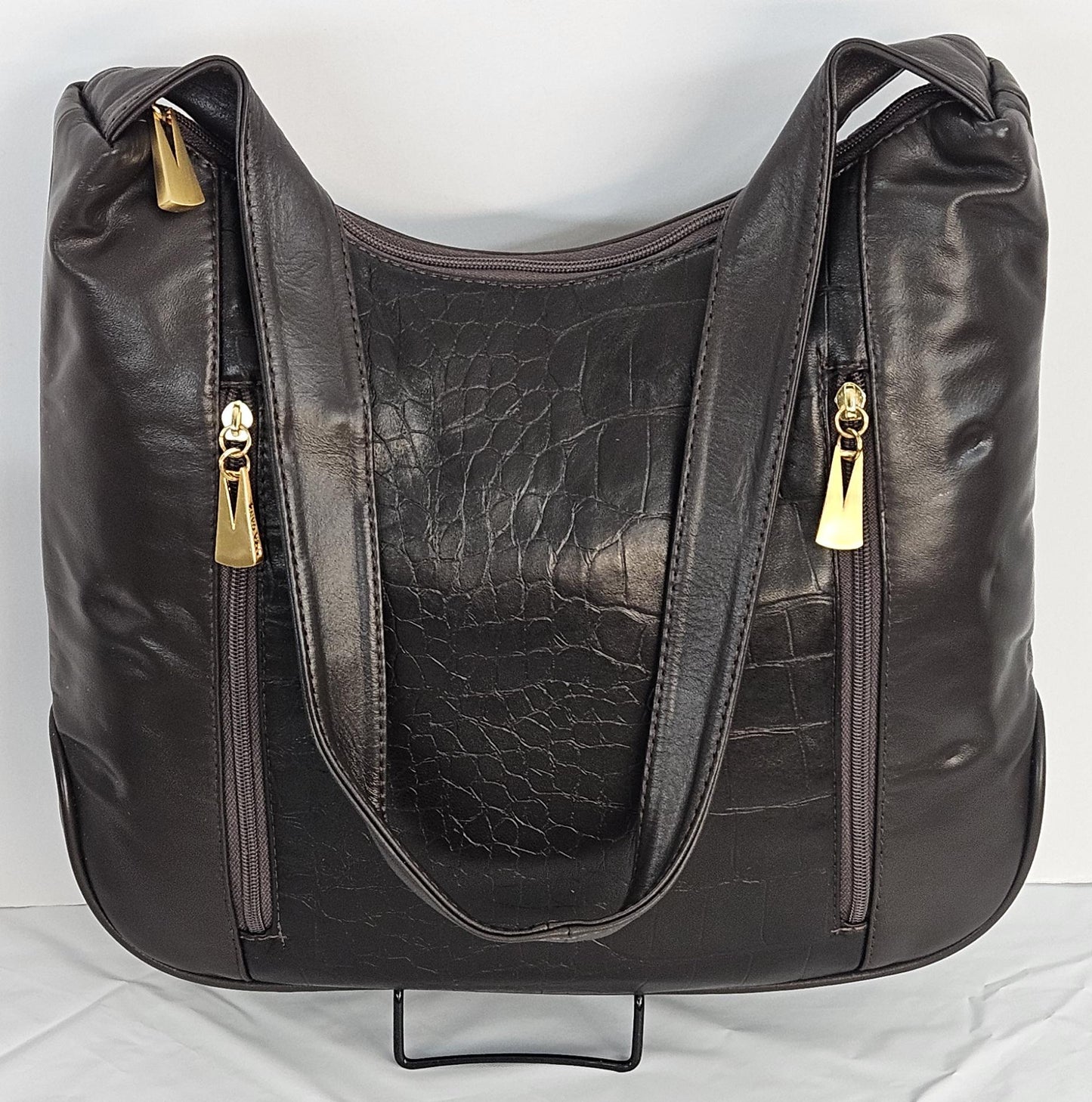 Brown with brown print Genuine Leather Handbag! ItemTr8007BrBPrint. Made in USA!