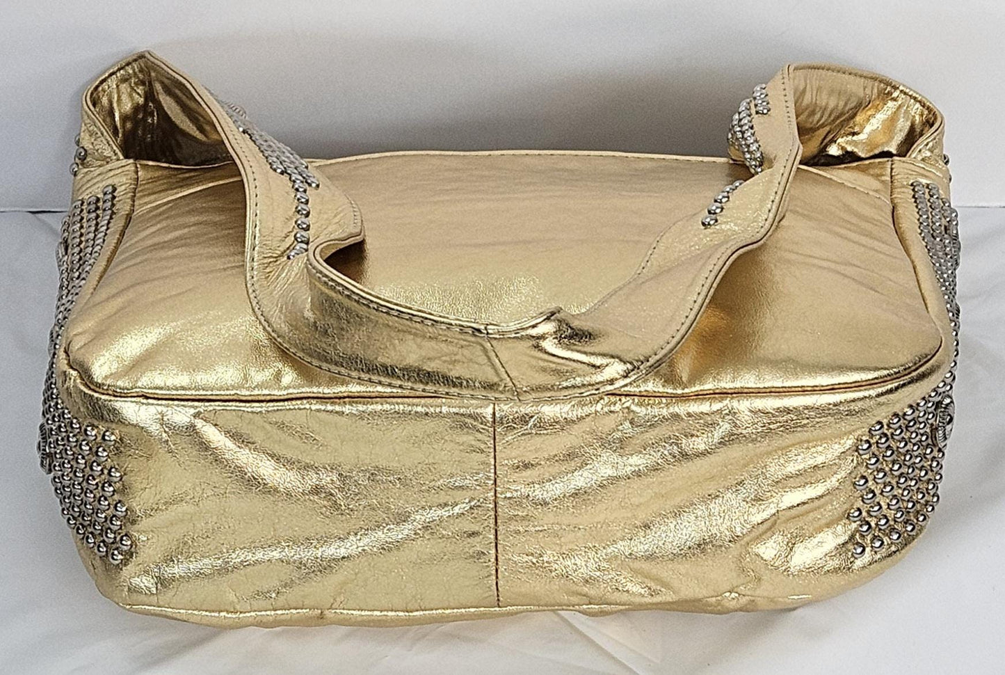 Gold Shining Leather with Silver metal Studs Handbag! #Tr8003GSgs.Made in USA