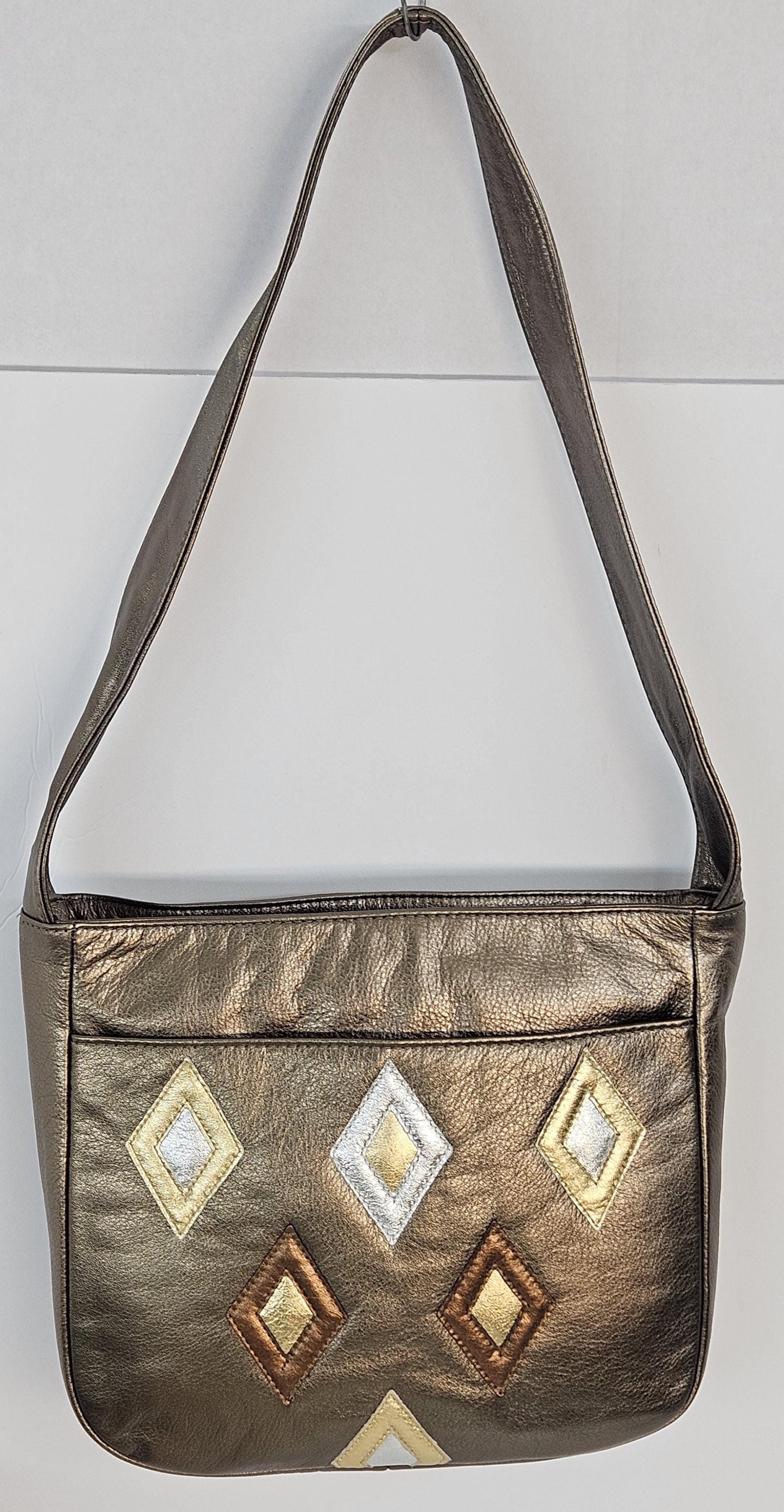 Pewter metallic with gold,pewter,and bronze 6 diamonds cut Zigzag stich.Leather Handbag!Made in USA.#Tr8003Pm6dz.