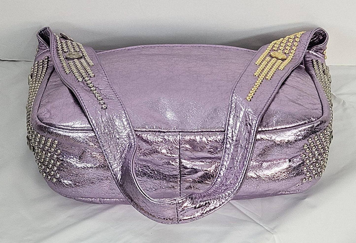 Purple Shining Leather with Silver & gold metal Studs Handbag! #Tr8003PSgss.Made in USA