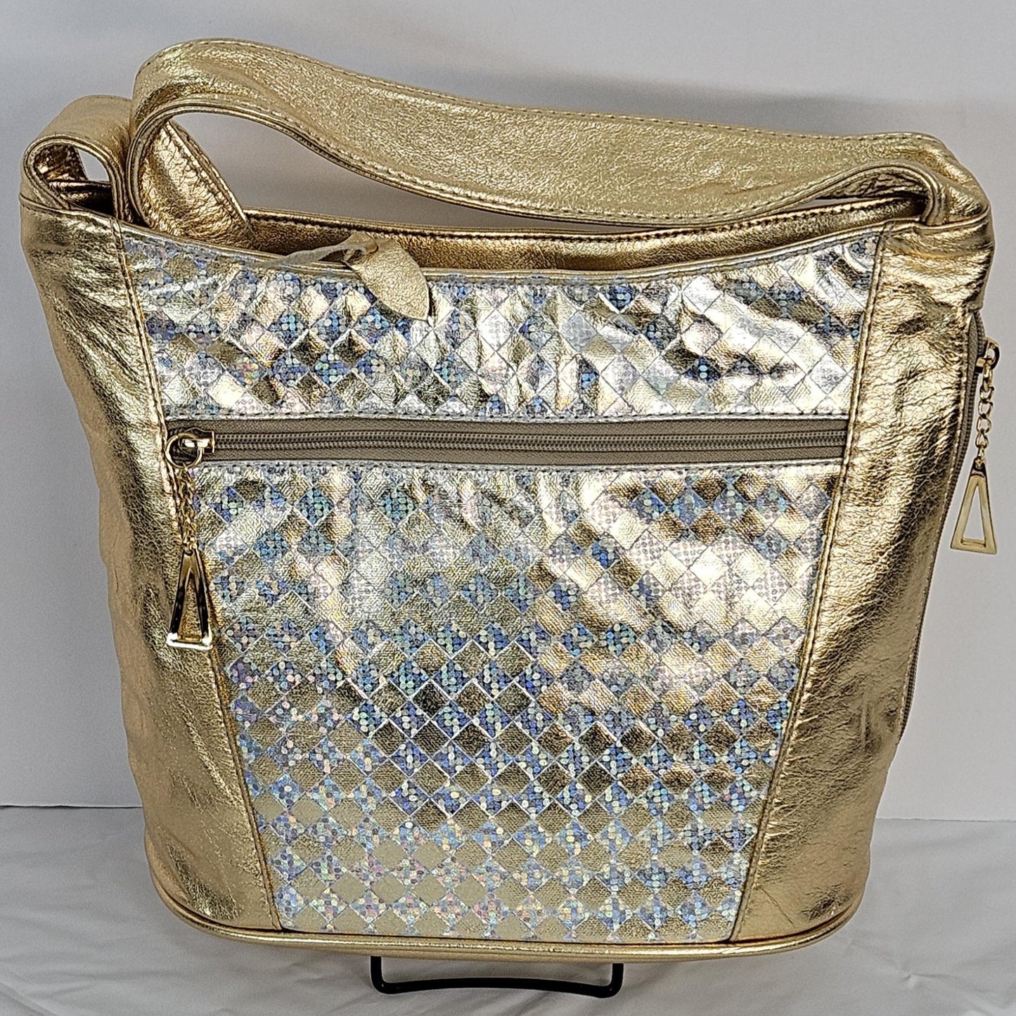 Gold Shining with gold & silver print leather Hand Made Handbag Genuine Leather!Made in USA!TR8006Gs-gsp