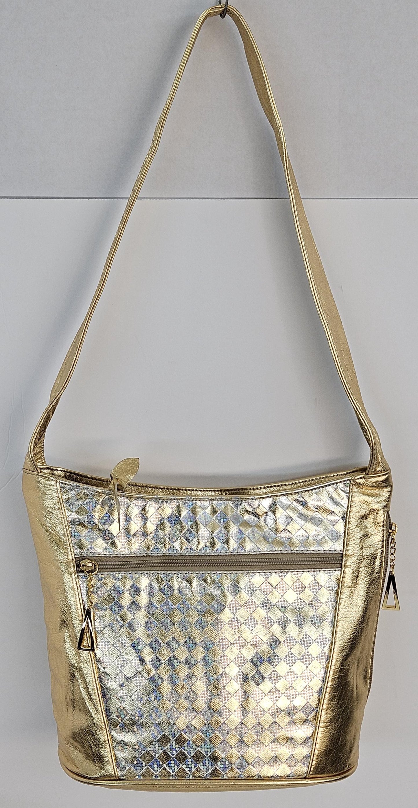 Gold Shining with gold & silver print leather Hand Made Handbag Genuine Leather!Made in USA!TR8006Gs-gsp