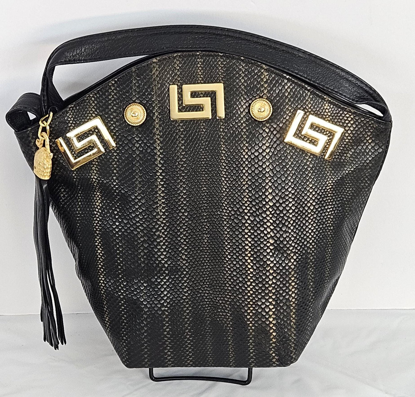 Black Two-Tone Genuine Leather with Gold Z and Butten metal design on Hand Made Handbag!#TR9047-Bk-2t-gmzb Made in USA