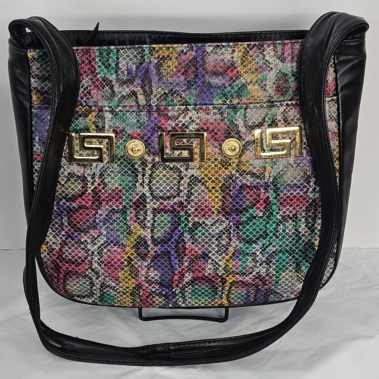 Black with purple Multi Print Leather gold matel Z &buttons design.Handbag!Made in USA.#Tr8003Bkpmgz.