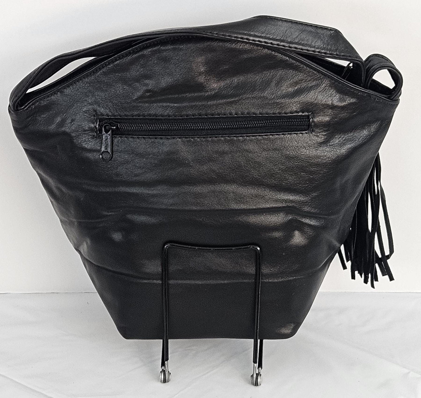 Black with black Print Genuine Leather Hand Made Handbag#TR9047-bkp-z&b-1.Gold Z and Butten with tassel drop metal design.Made in USA