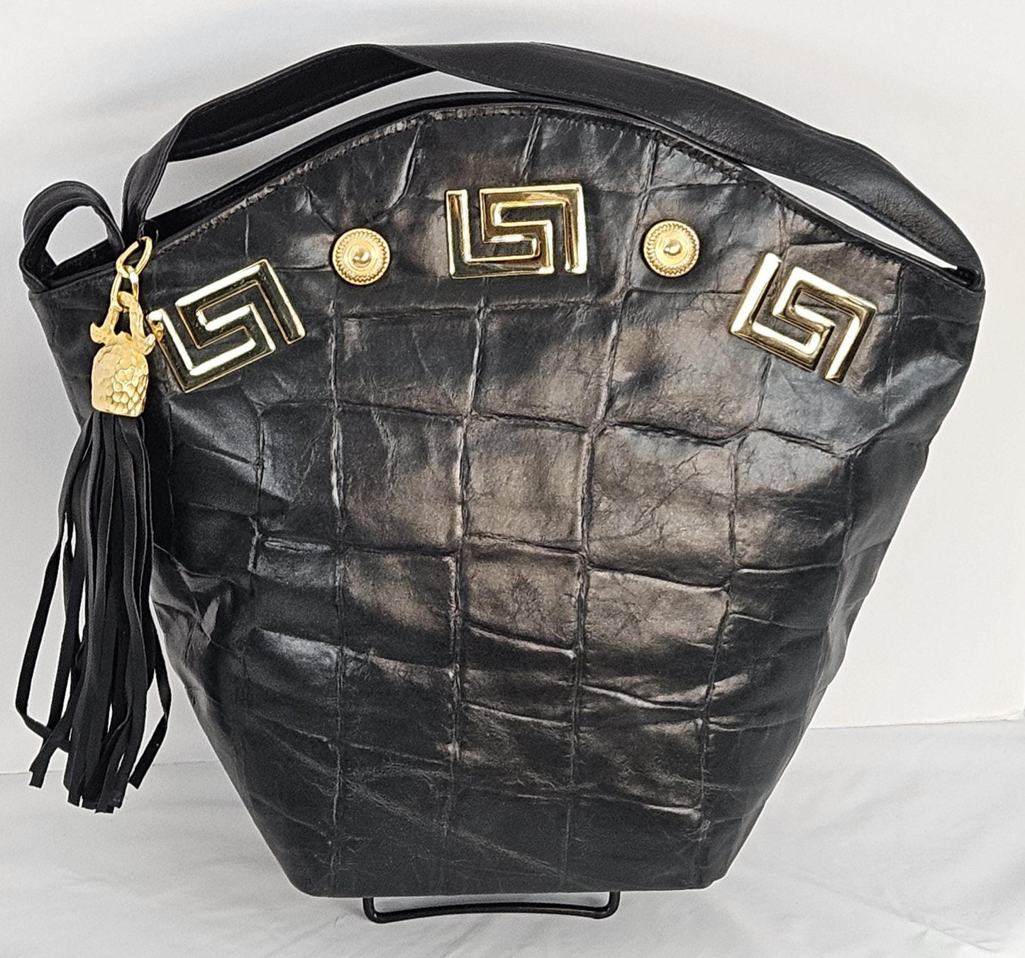 Black with black Print Genuine Leather Hand Made Handbag#TR9047-bkp-z&b-1.Gold Z and Butten with tassel drop metal design.Made in USA