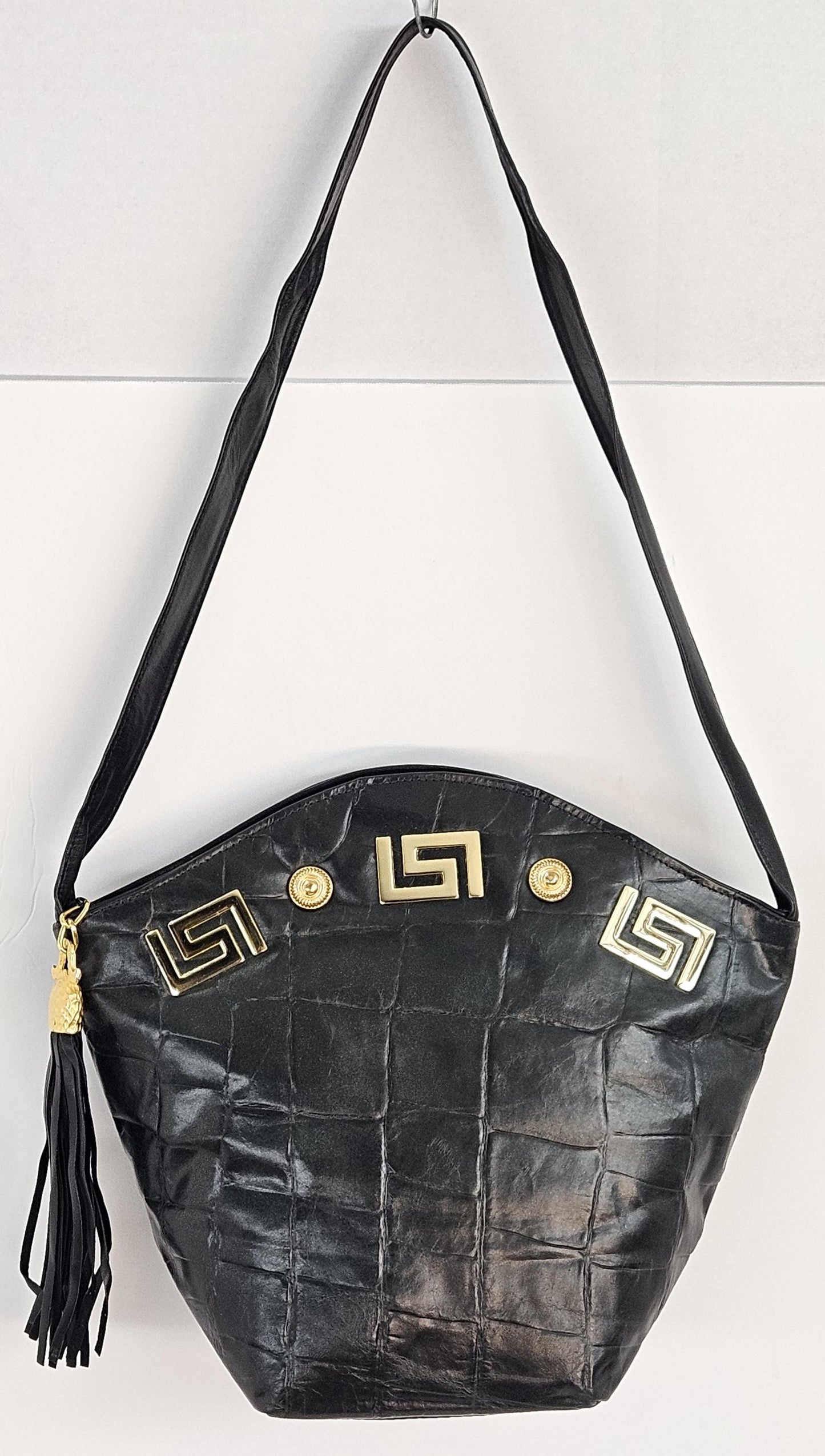 Black with black Print Genuine Leather Hand Made Handbag#TR9047-bkp-z&b-1.Gold Z and Butten with tassel drop metal design.Made in USA