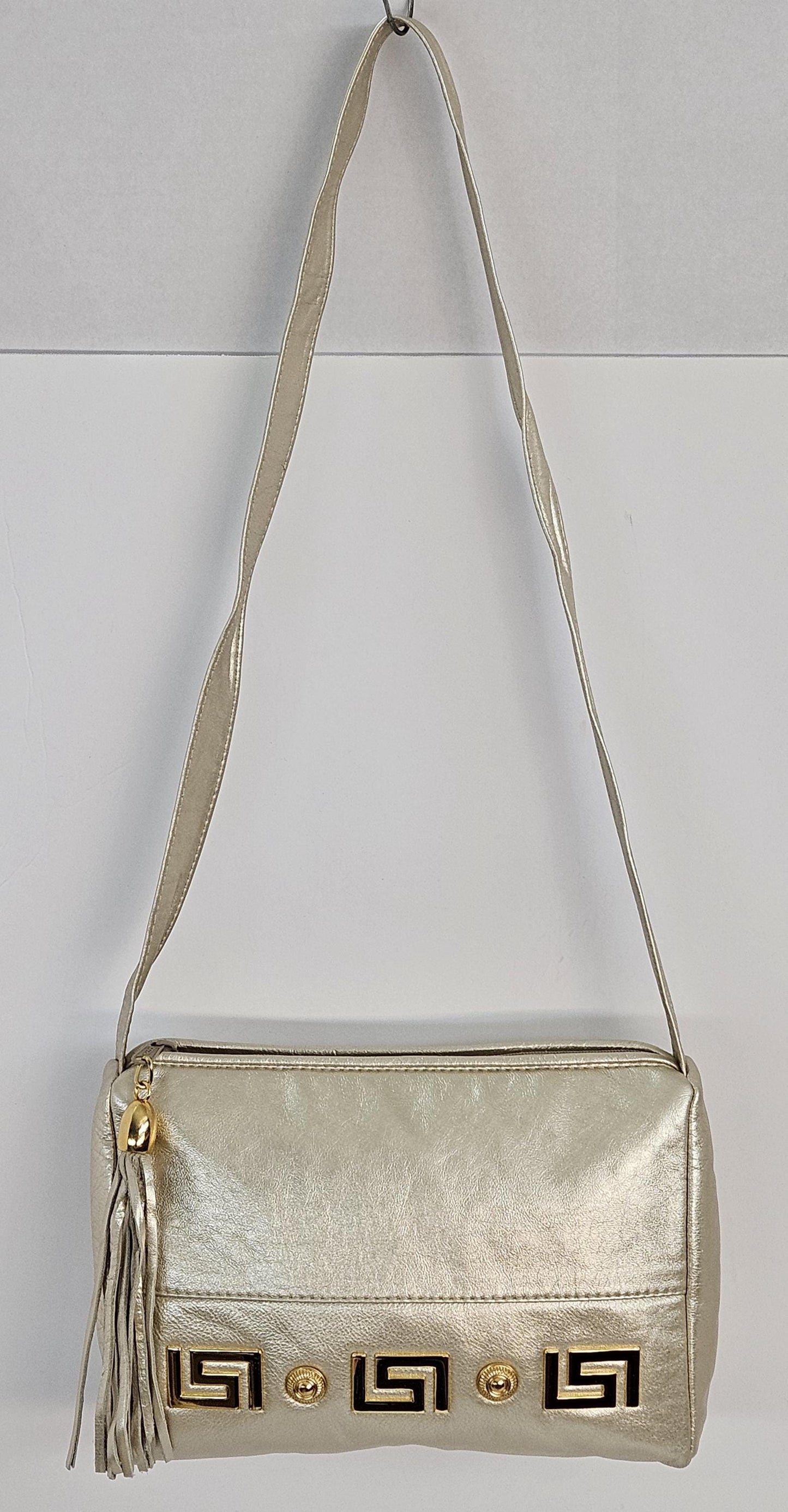 Cream Metallic Genuine Leather Hand Made Handbag. Gold matel Z&buttons design#TR2018Cream-gmzb.Made in USA.