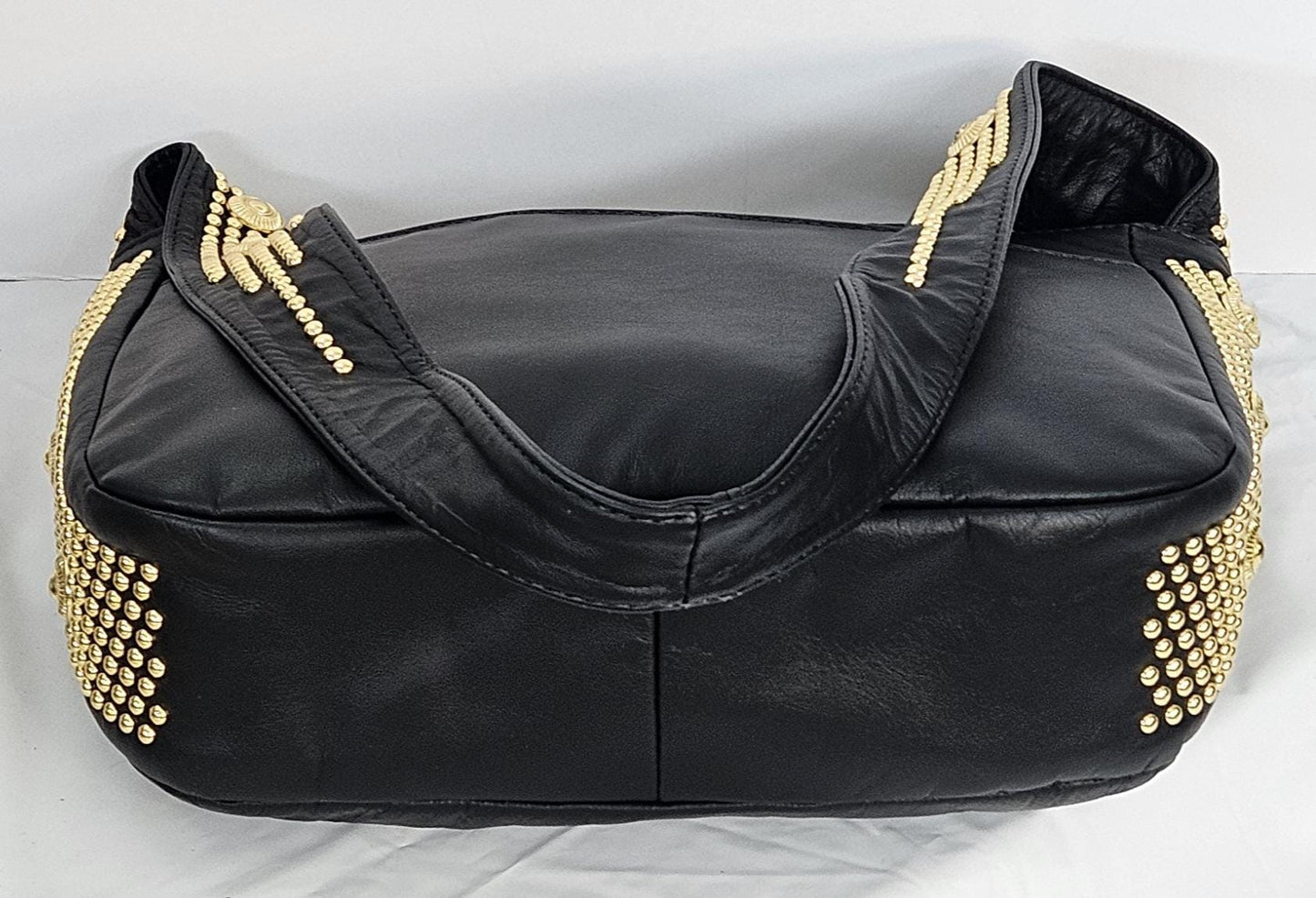 Black Leather with gold metal Studs Handbag! #Tr8003BKgs.Made in USA