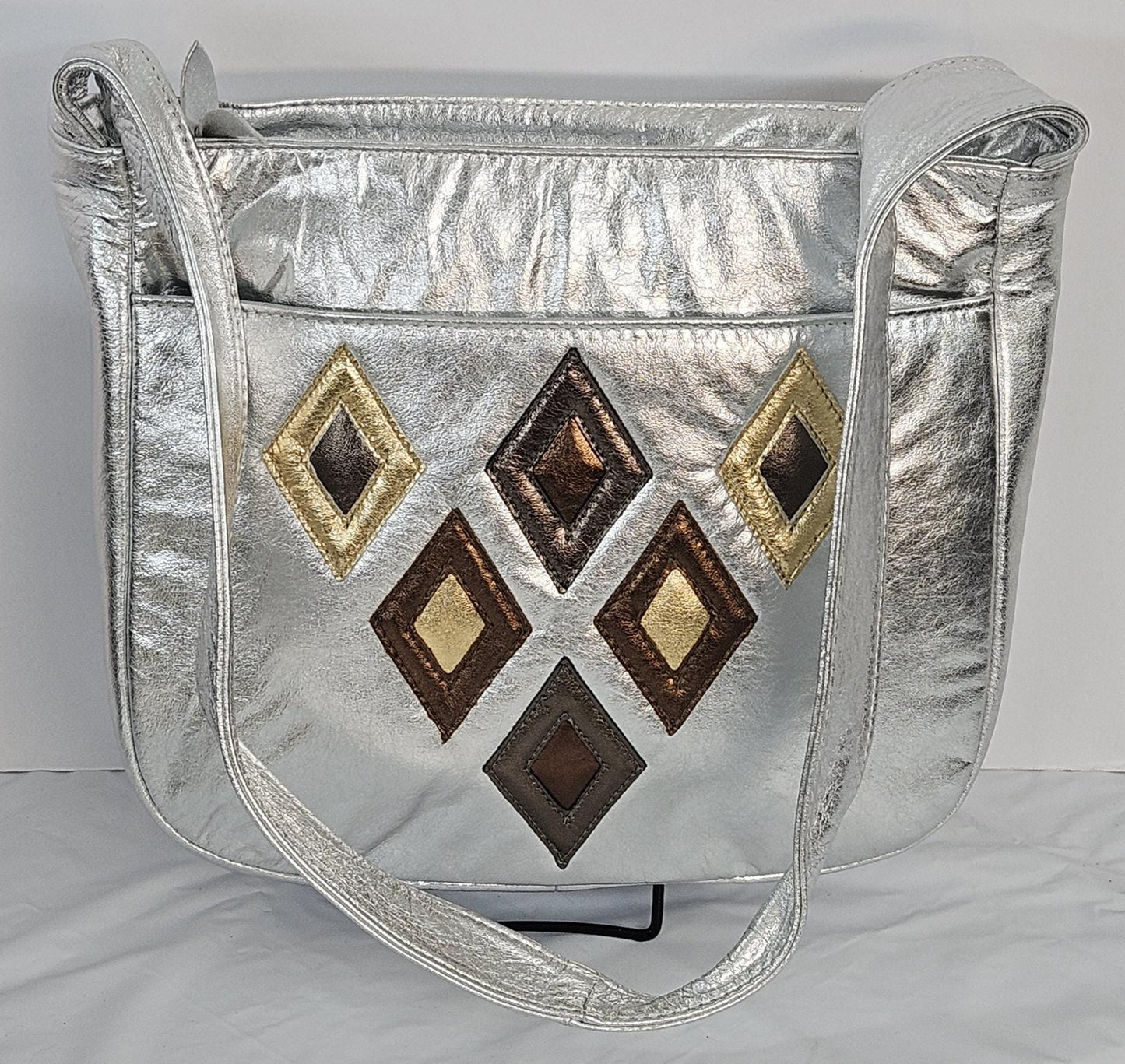 Silver metallic with gold,pewter,and bronze 6 diamonds cut Zigzag stich.Leather Handbag!Made in USA.#Tr8003Sm6dz.