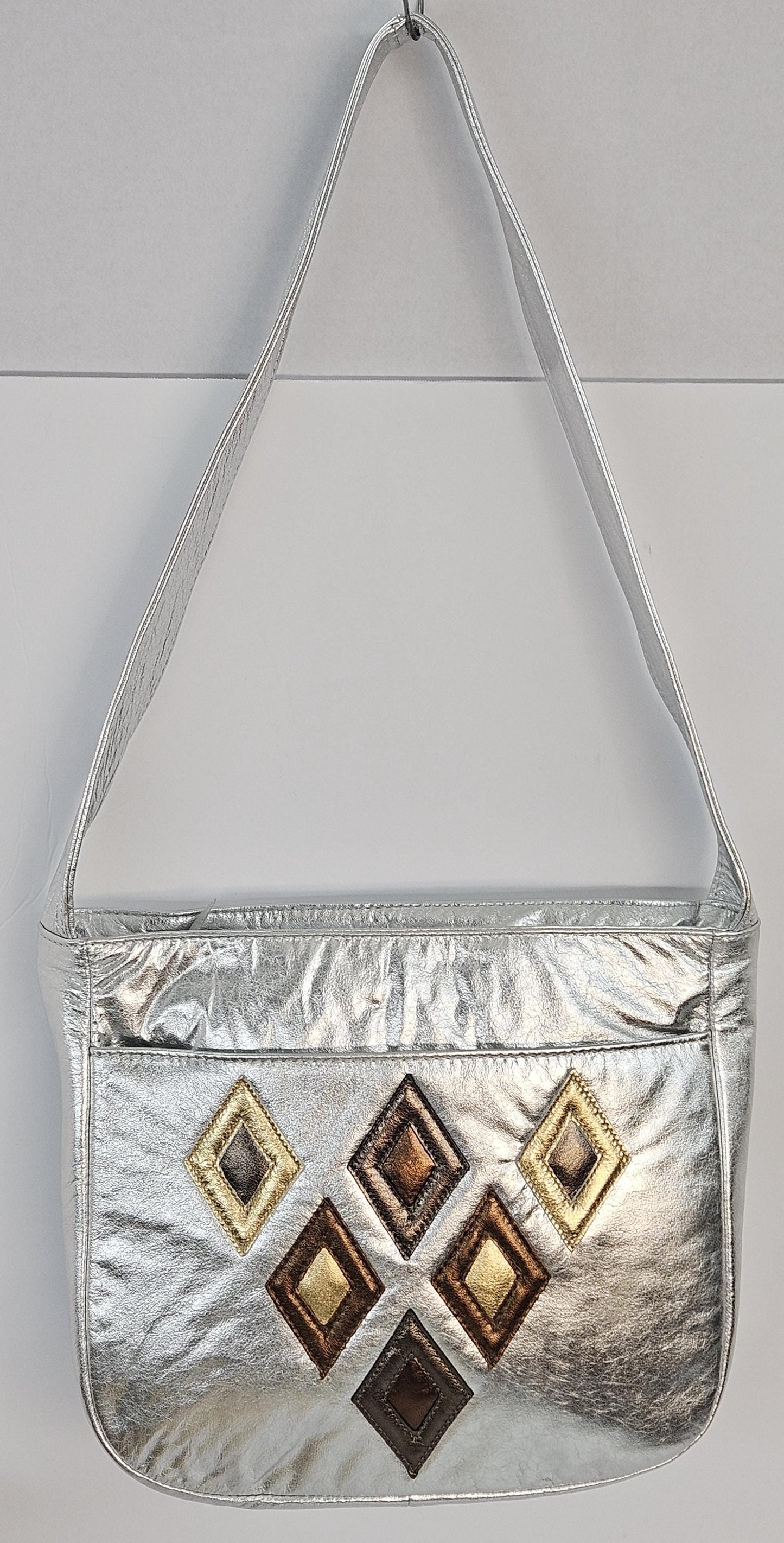 Silver metallic with gold,pewter,and bronze 6 diamonds cut Zigzag stich.Leather Handbag!Made in USA.#Tr8003Sm6dz.