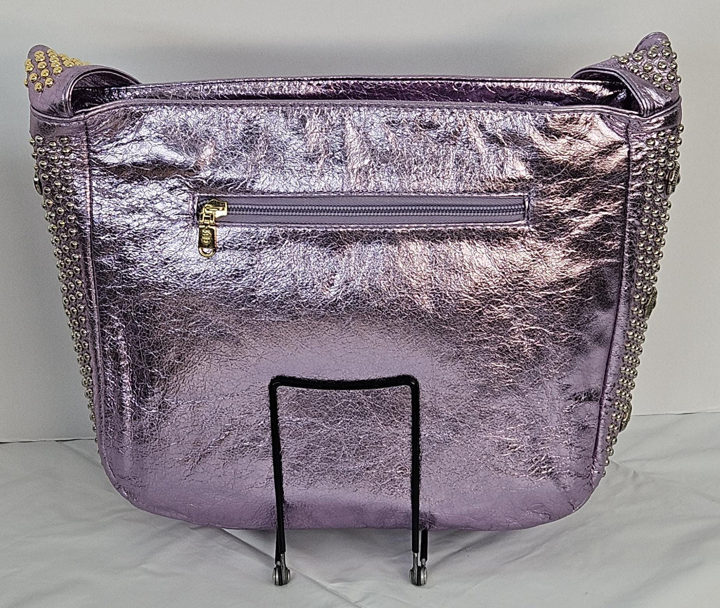Purple Shining Leather with Silver & gold metal Studs Handbag! #Tr8003PSgss.Made in USA