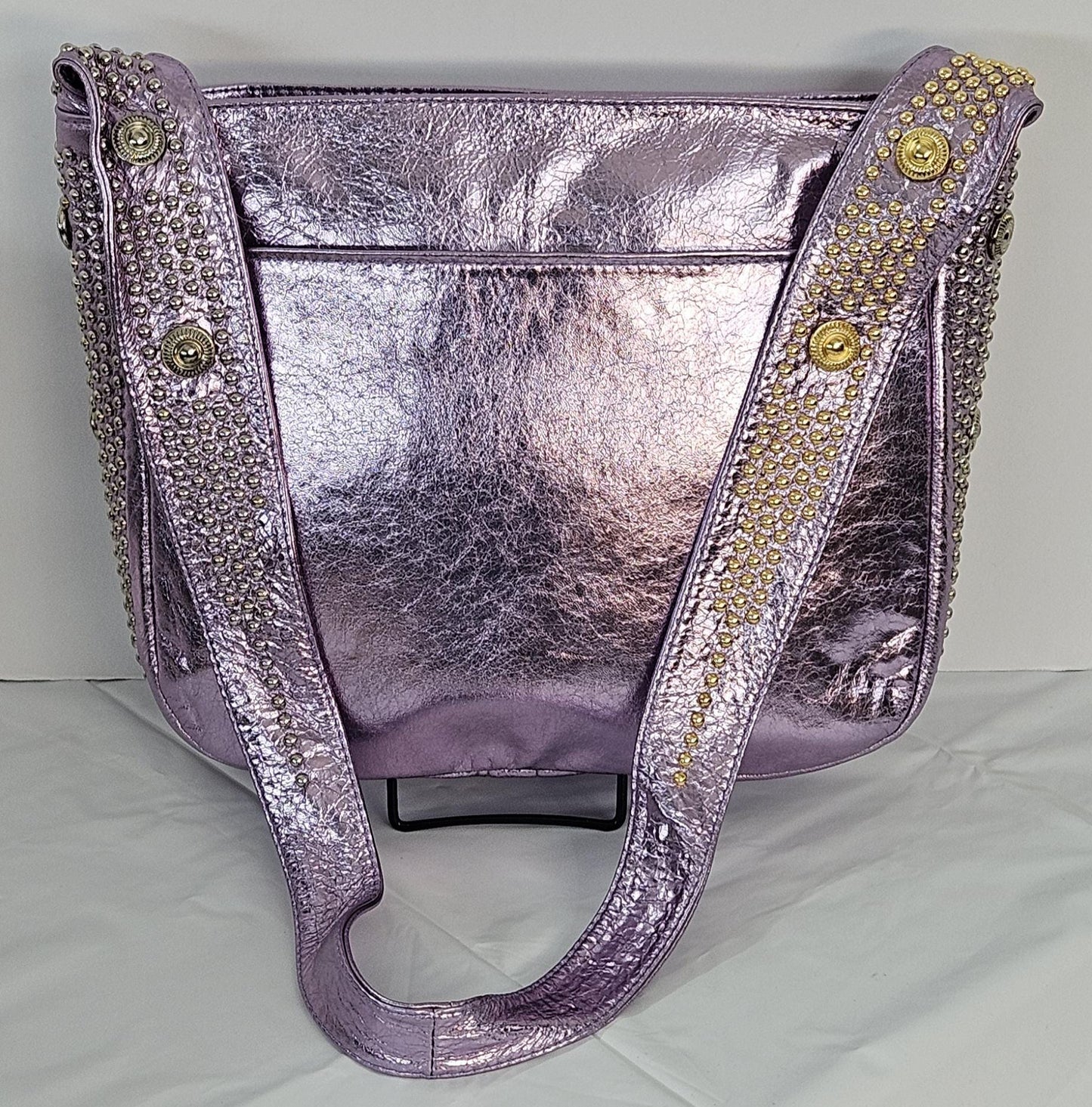 Purple Shining Leather with Silver & gold metal Studs Handbag! #Tr8003PSgss.Made in USA