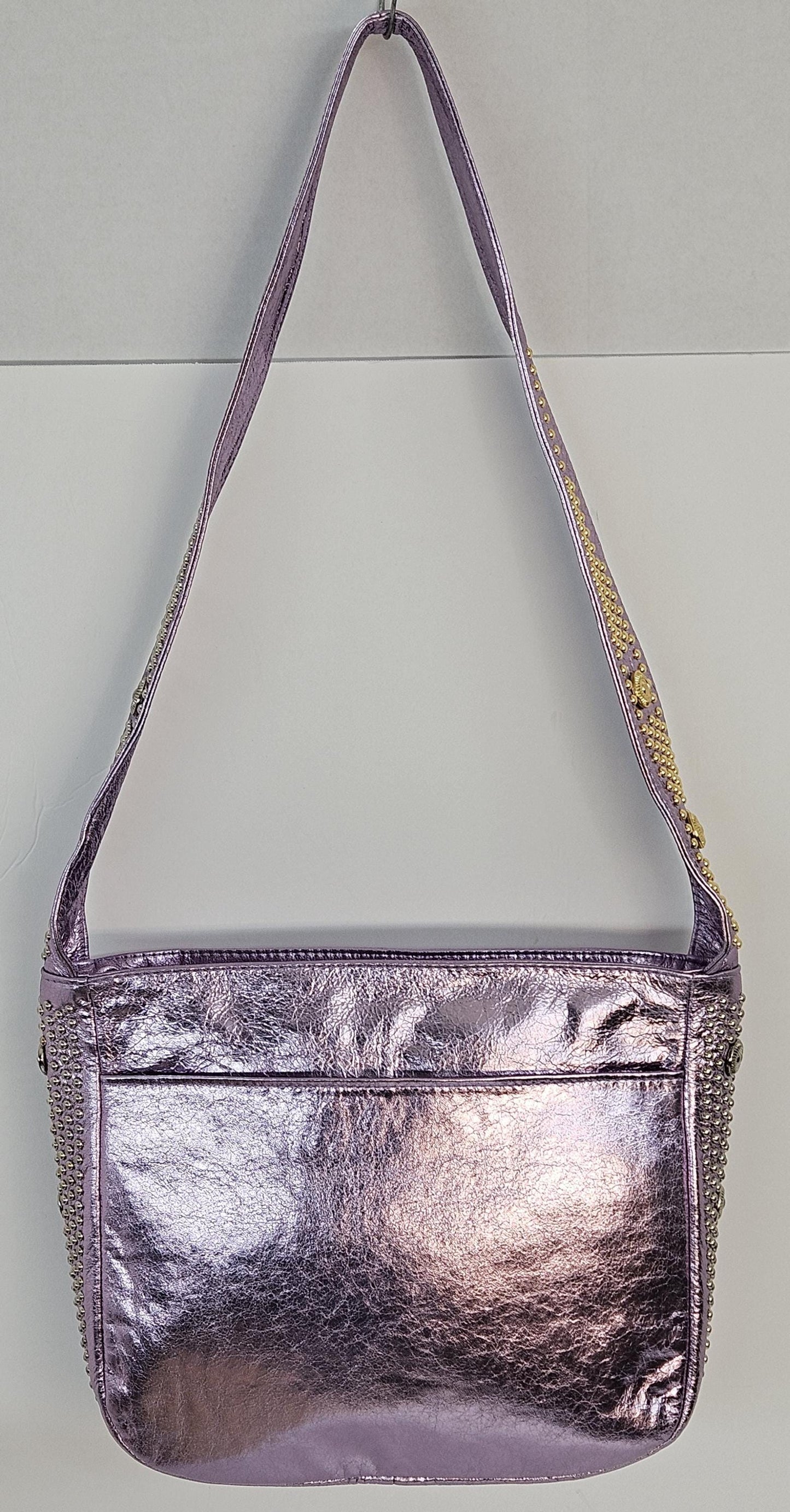 Purple Shining Leather with Silver & gold metal Studs Handbag! #Tr8003PSgss.Made in USA