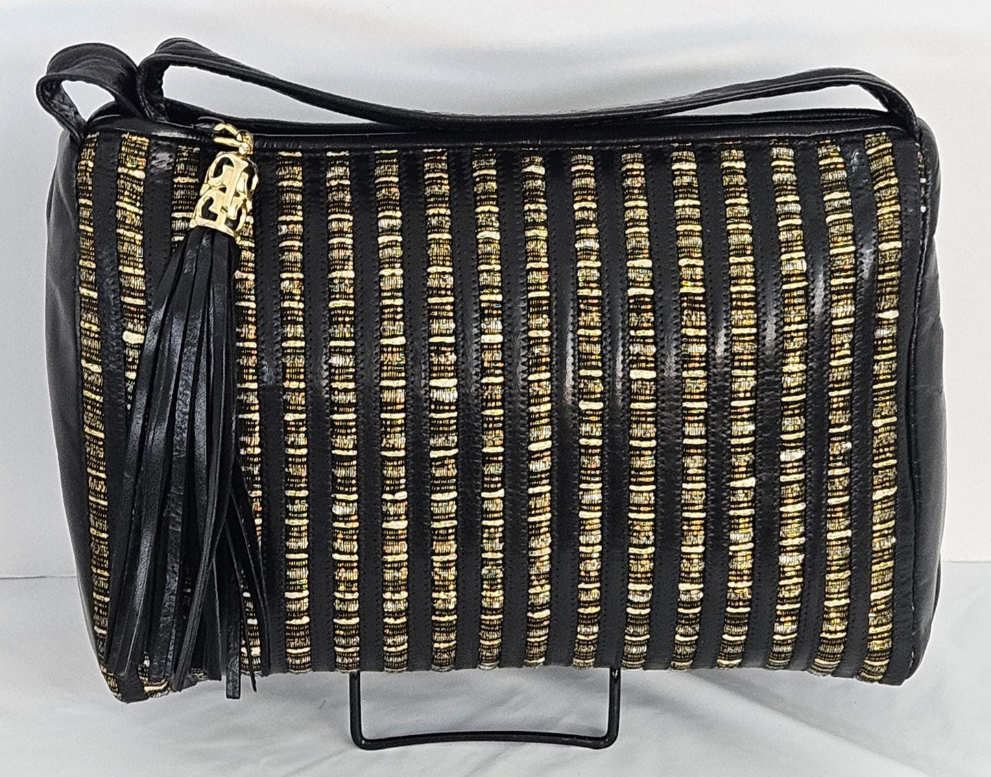 Black with pewter Multi Fabrice Zigzag stripes Hand Made Handbag.TR2018Z-bkP.Genuine Leather Made in USA.