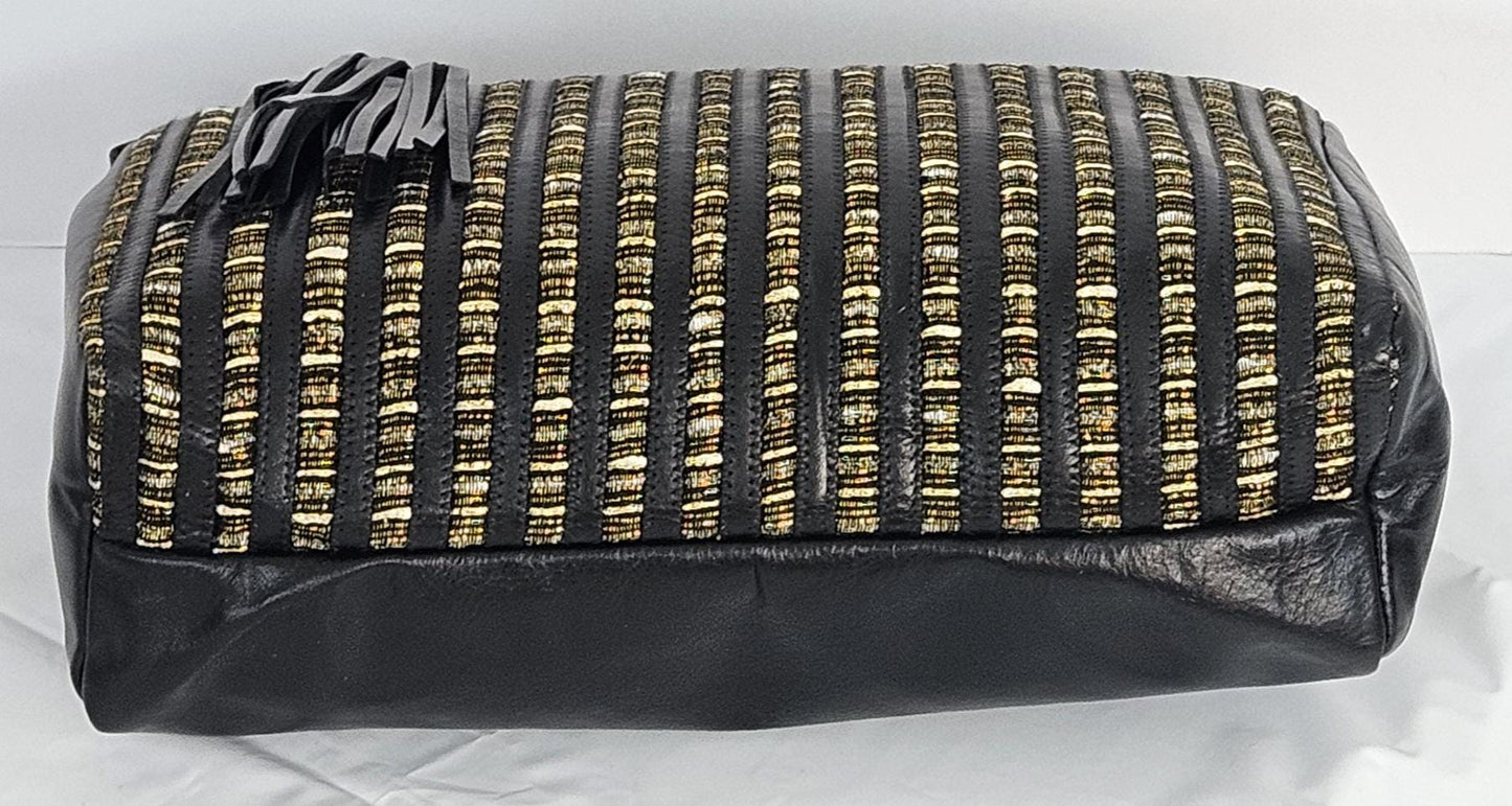 Black with pewter Multi Fabrice Zigzag stripes Hand Made Handbag.TR2018Z-bkP.Genuine Leather Made in USA.