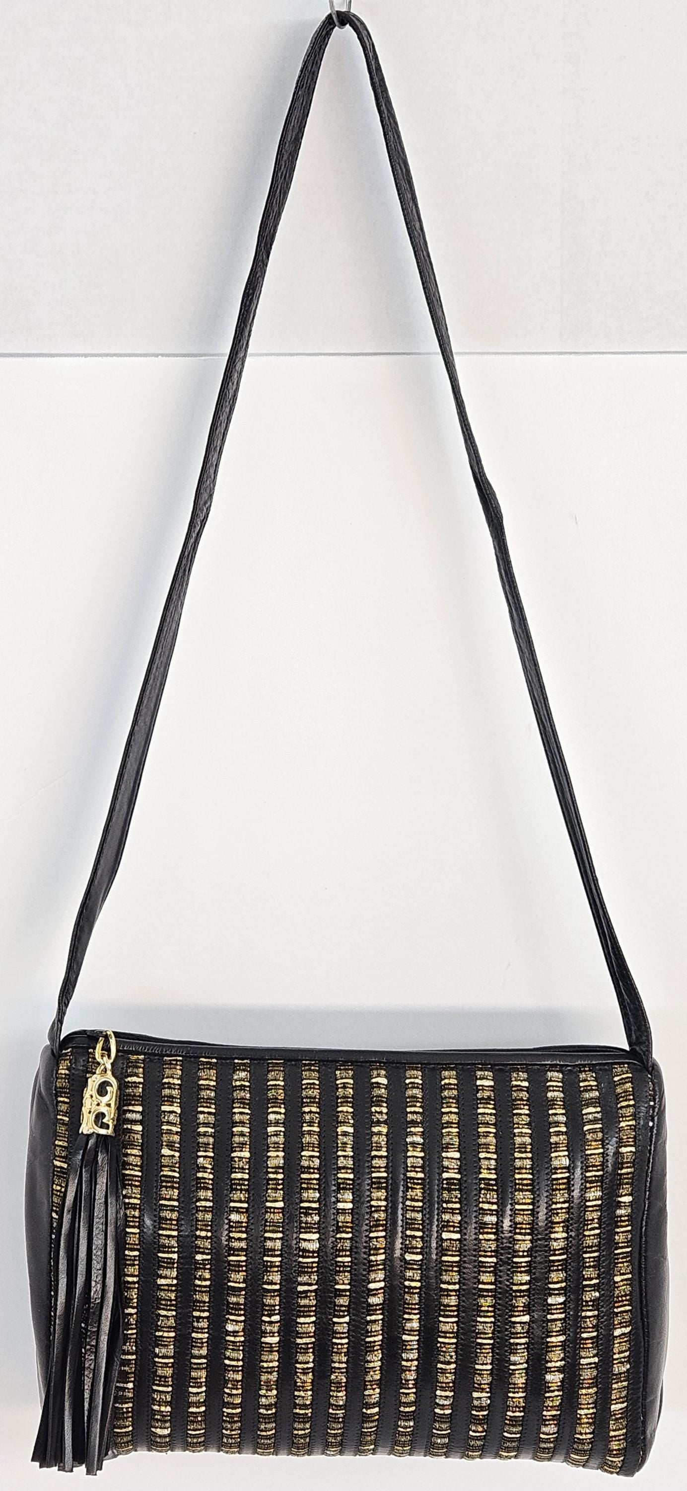 Black with pewter Multi Fabrice Zigzag stripes Hand Made Handbag.TR2018Z-bkP.Genuine Leather Made in USA.