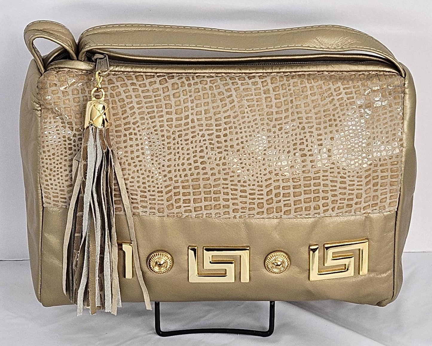 Gold mate with gold mate Print Genuine Leather Hand Made Handbag. Gold matel Z&buttons design#TR2018GMgp-gmzb.Made in USA.