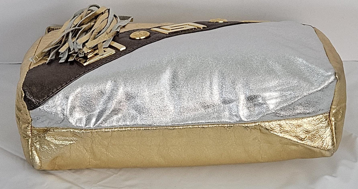 Gold,Silver,and pewter metallic Genuine Leather Hand Made Handbag. Gold matel Z&buttons design#TR3018Gsp-gmzb.Made in USA.