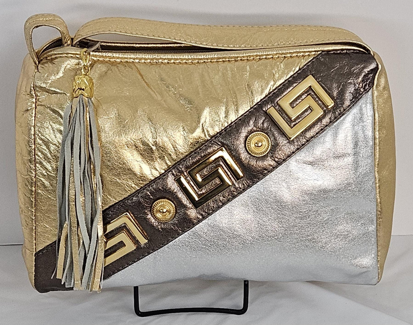 Gold,Silver,and pewter metallic Genuine Leather Hand Made Handbag. Gold matel Z&buttons design#TR3018Gsp-gmzb.Made in USA.