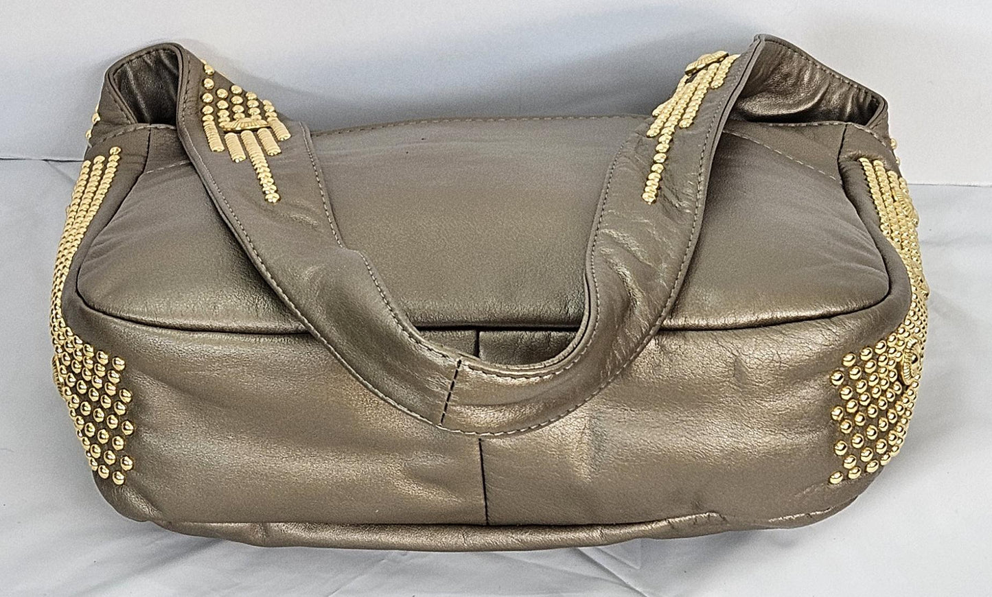 Mocha Leather with gold metal Studs Handbag! #Tr8003Mogs.Made in USA