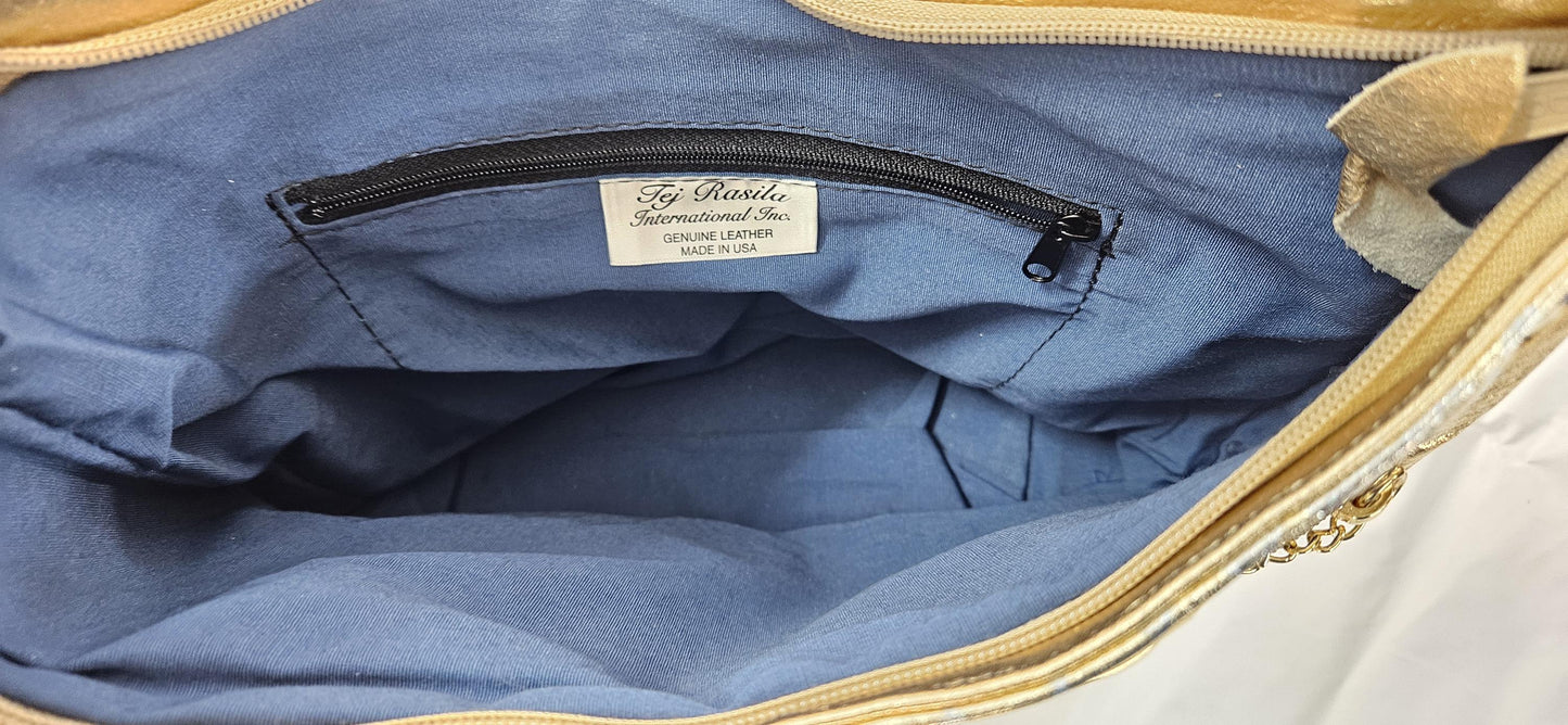 Gold Shining with gold & silver print leather Hand Made Handbag Genuine Leather!Made in USA!TR8006Gs-gsp
