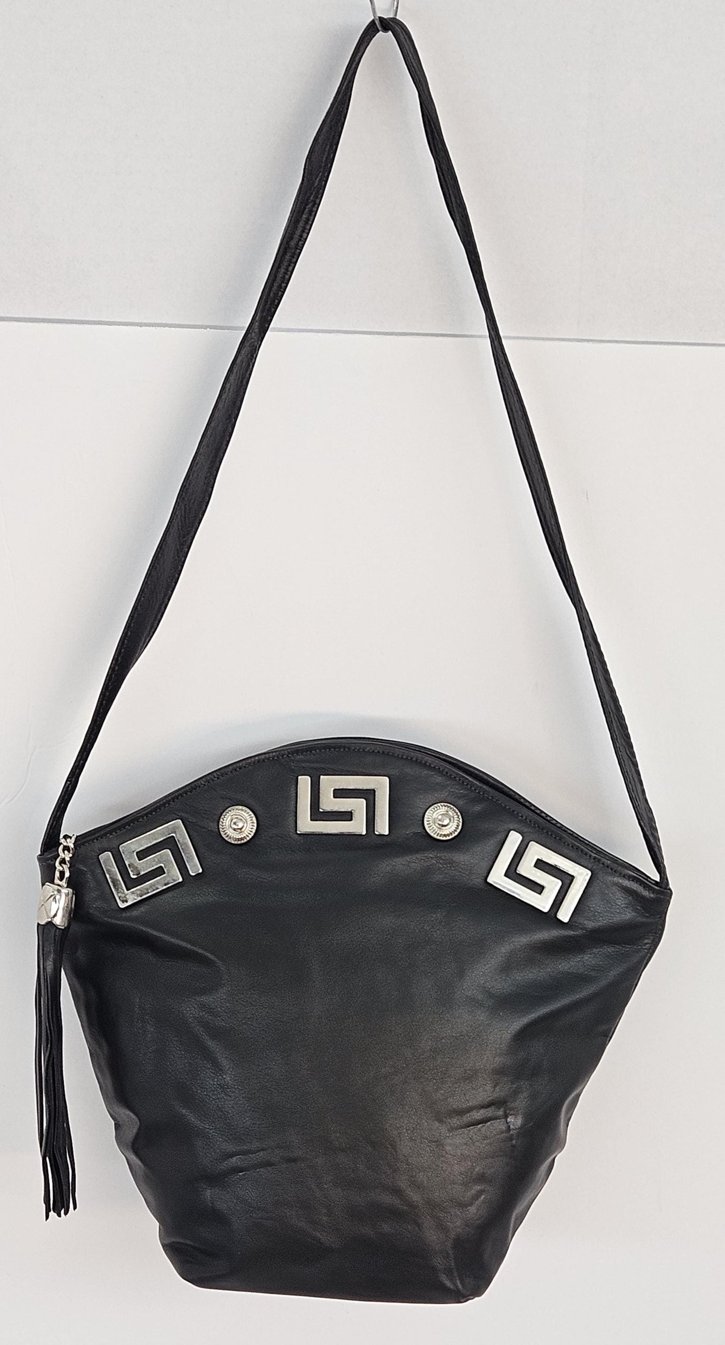 Black Genuine Leather with Silver Z and Butten metal design on Hand Made Handbag!#TR9047-Black-smzb Made in USA