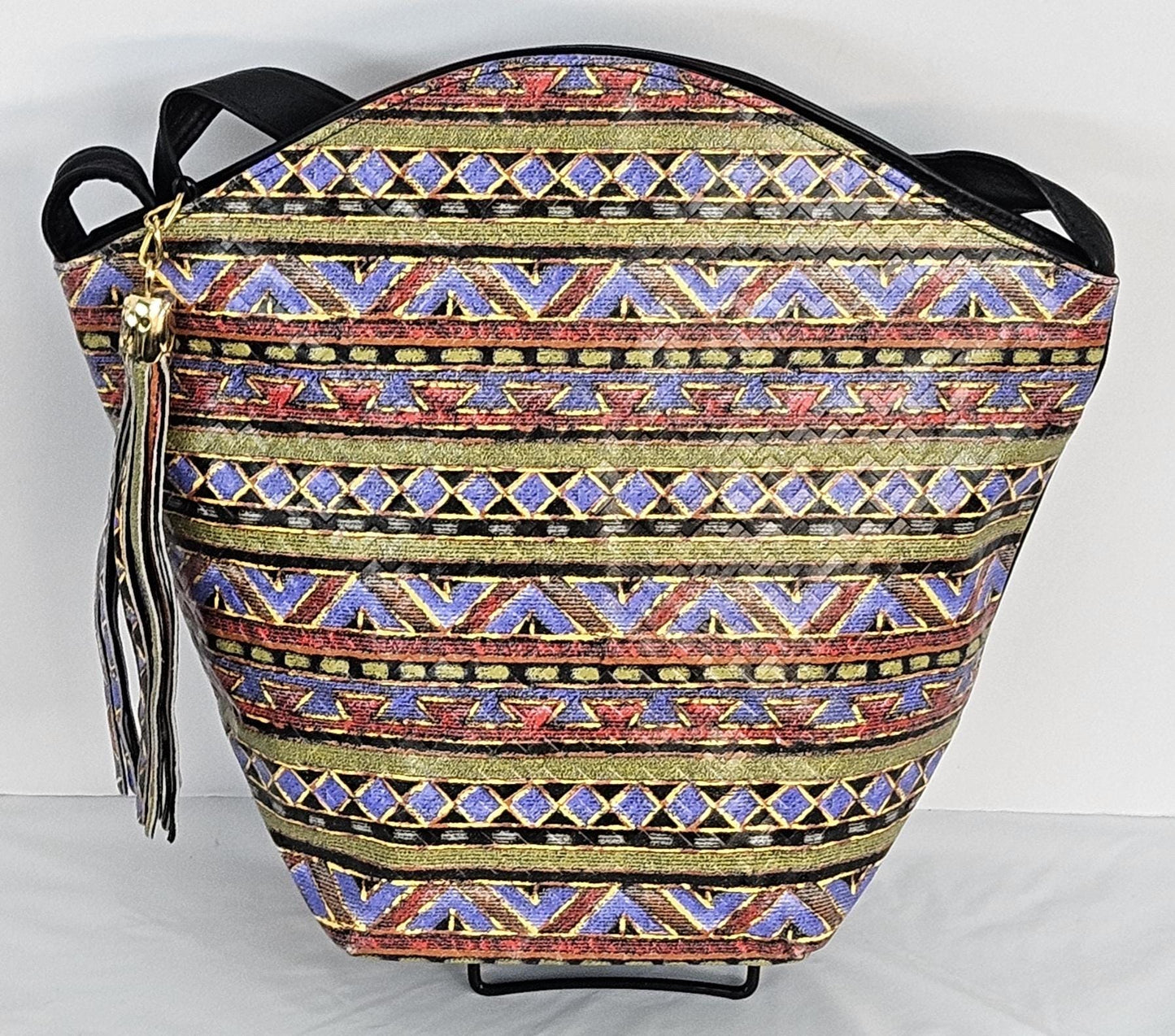 Black with multi print Luxury Genuine Leather Hand Made Handbag!#TR9047-Bk-mp.Made in USA!