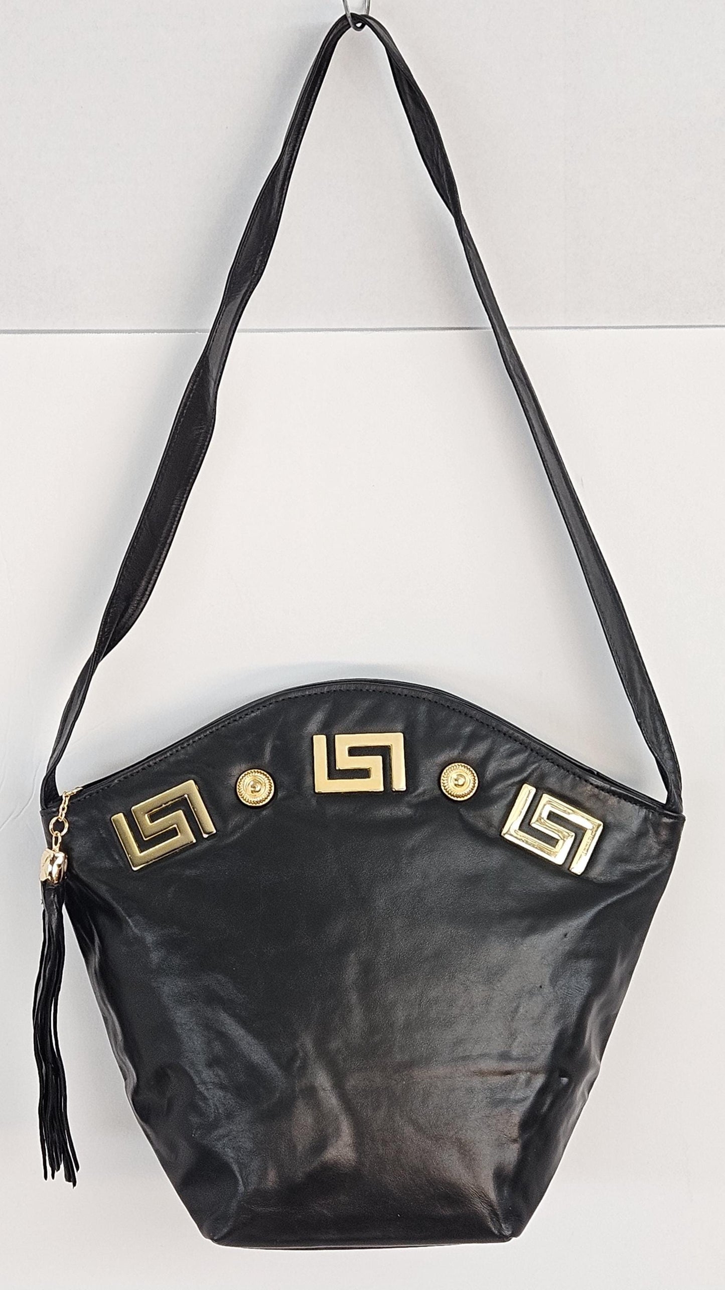 Black Genuine Leather with Gold Z and Butten metal design on Hand Made Handbag!#TR9047-Black-Gmzb Made in USA