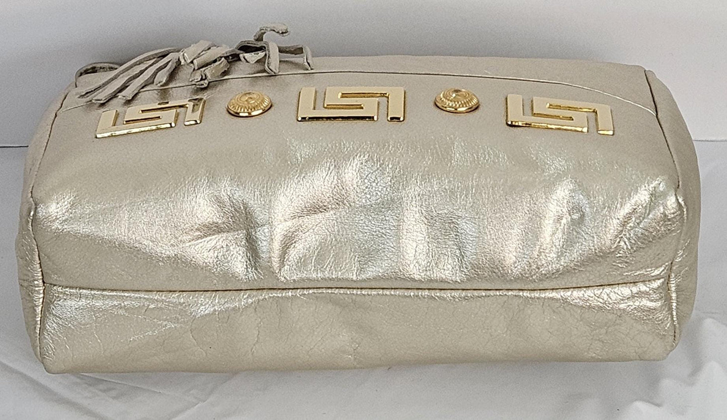 Cream Metallic Genuine Leather Hand Made Handbag. Gold matel Z&buttons design#TR2018Cream-gmzb.Made in USA.