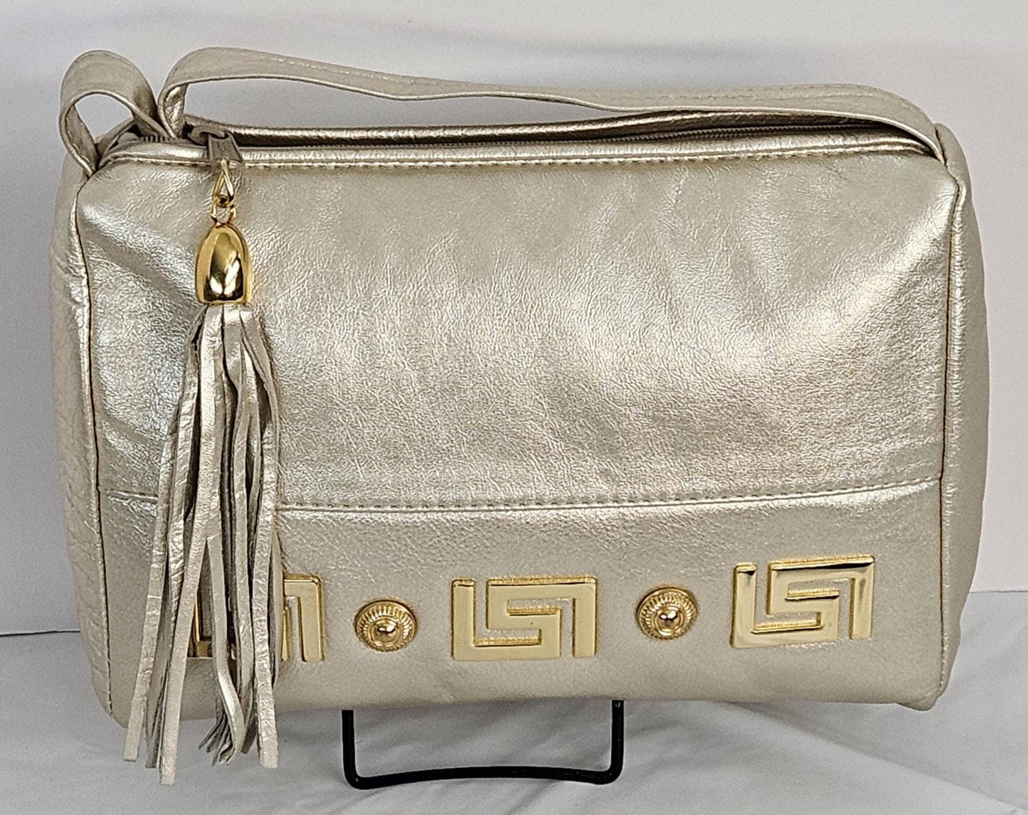 Cream Metallic Genuine Leather Hand Made Handbag. Gold matel Z&buttons design#TR2018Cream-gmzb.Made in USA.