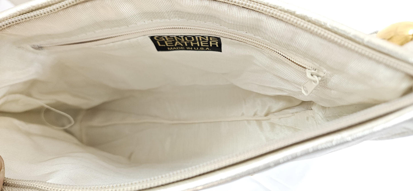Cream Metallic Genuine Leather Hand Made Handbag. Gold matel Z&buttons design#TR2018Cream-gmzb.Made in USA.