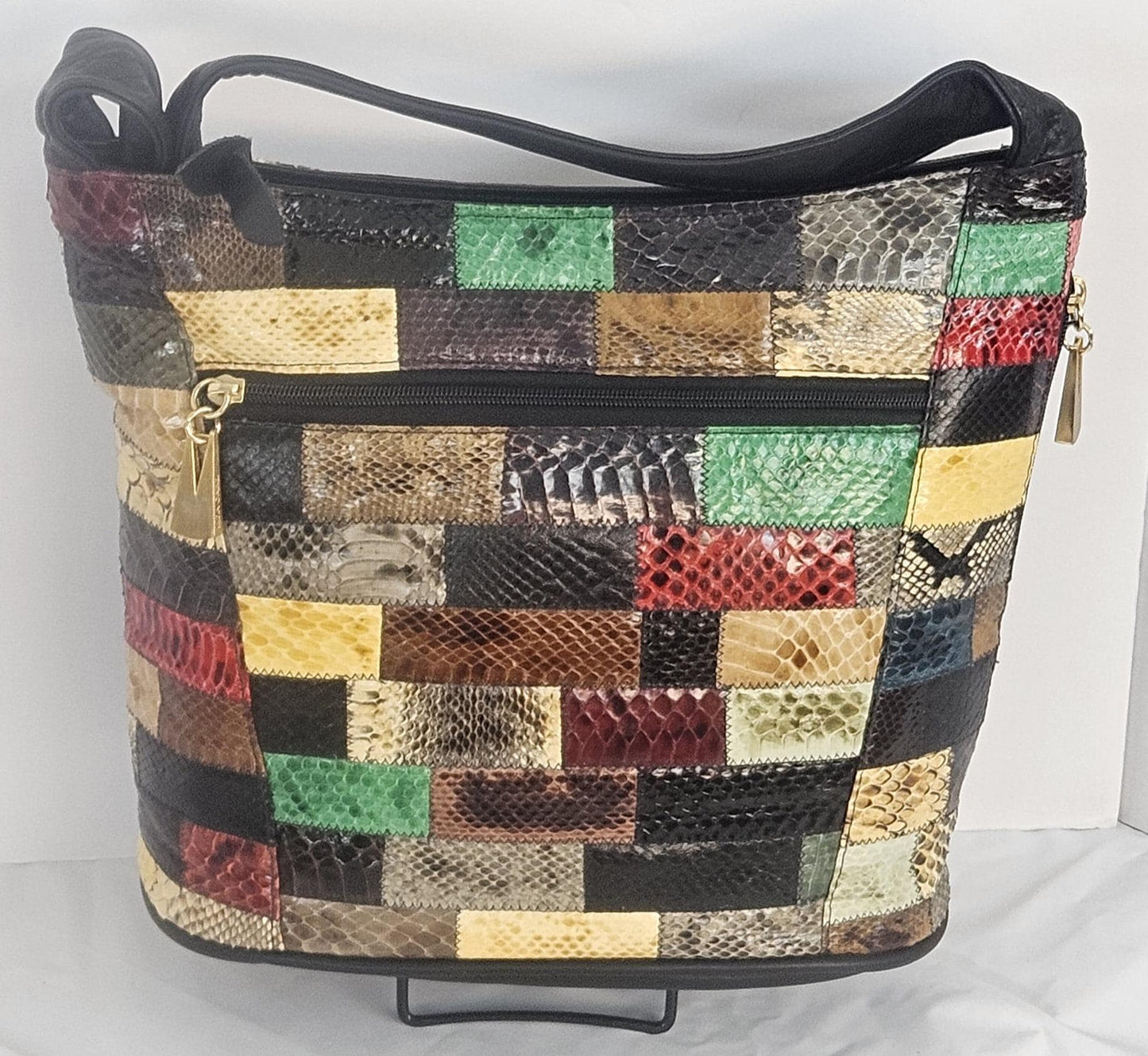 Black with Multi Print Zigzag Leather Hand Made Handbag!Made in USA!TR8006Bm-z