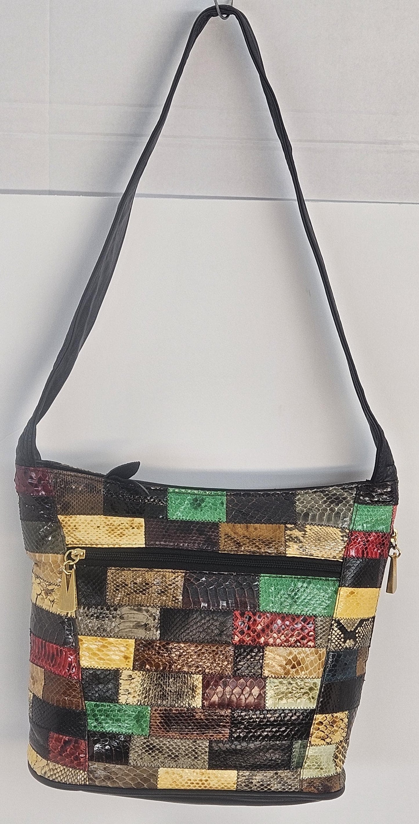 Black with Multi Print Zigzag Leather Hand Made Handbag!Made in USA!TR8006Bm-z