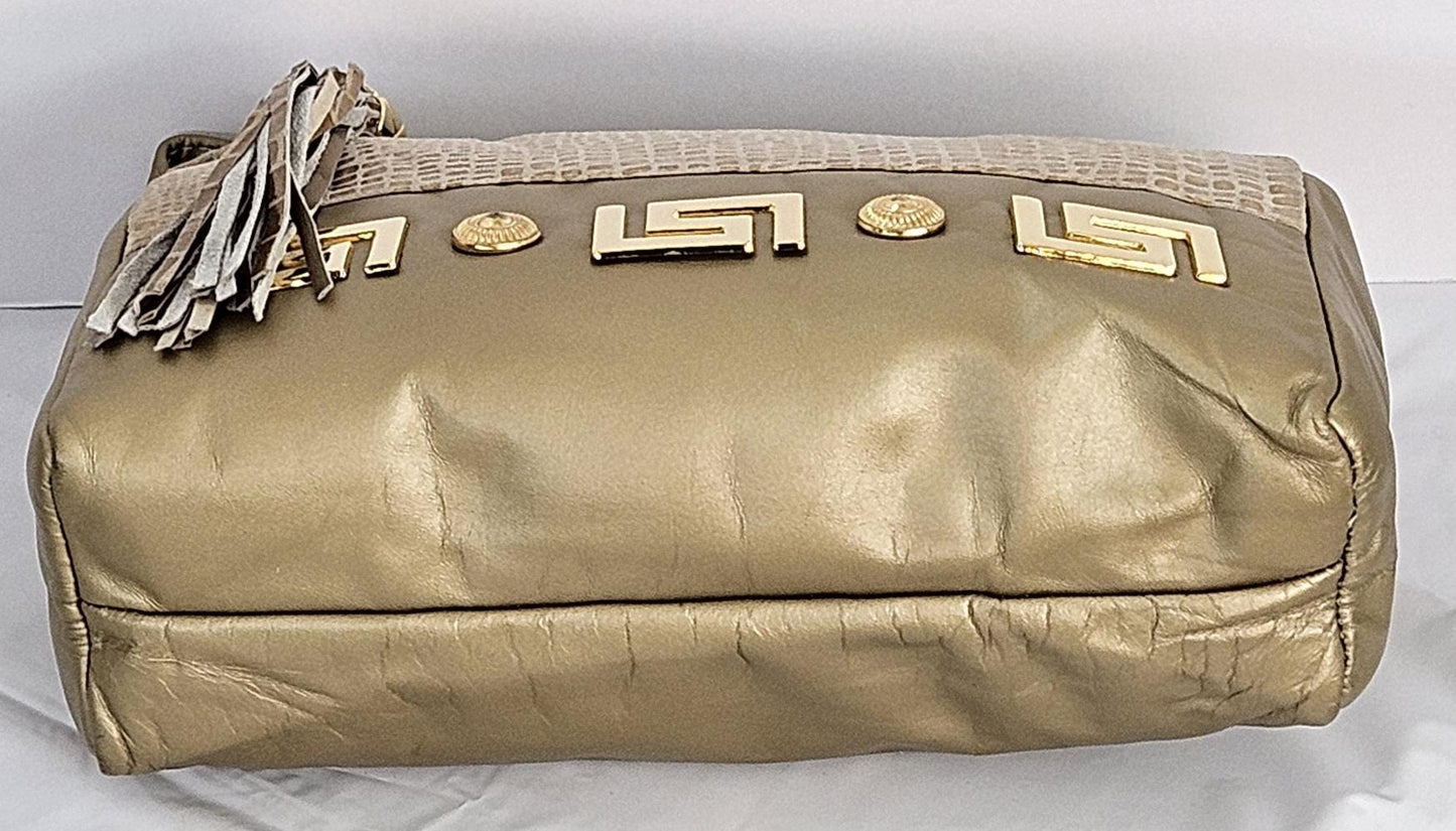 Gold mate with gold mate Print Genuine Leather Hand Made Handbag. Gold matel Z&buttons design#TR2018GMgp-gmzb.Made in USA.