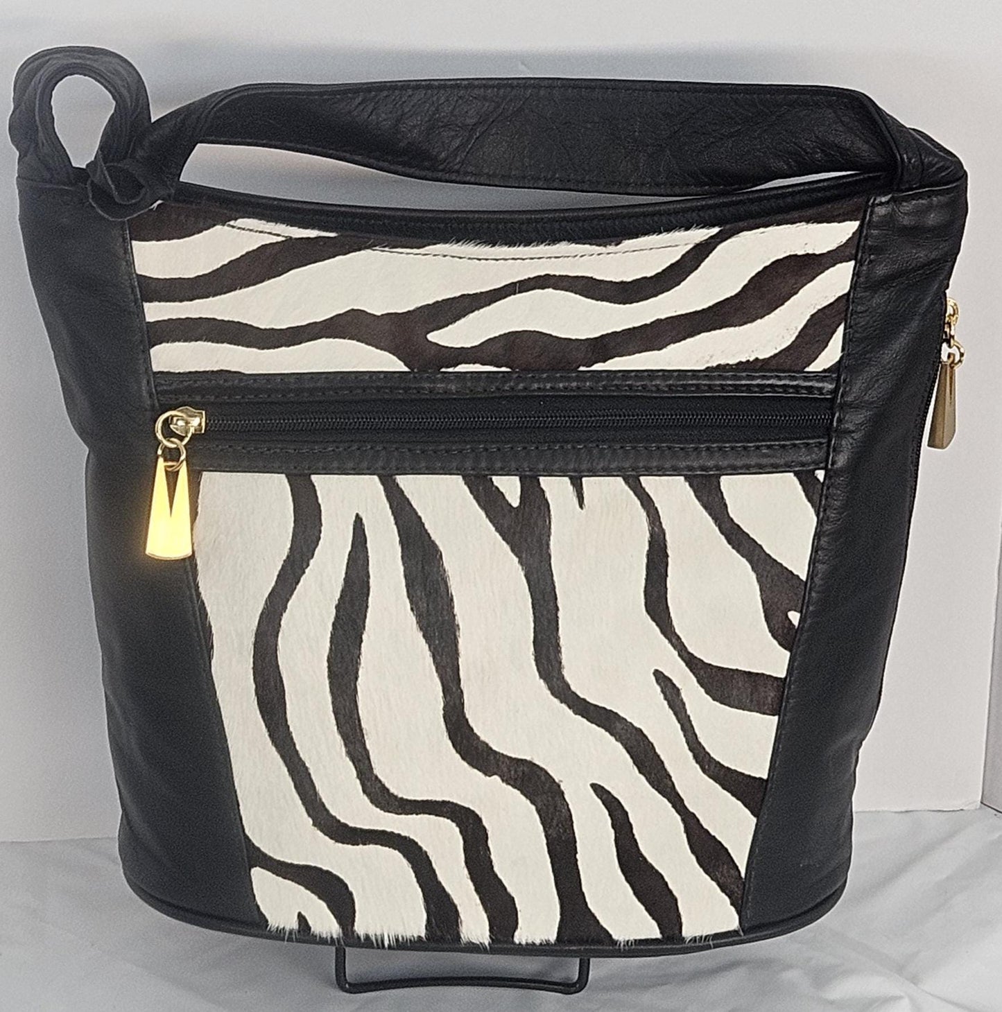Black with black&white Zibra print leather Hand Made handbag!Made in USA!TR8006Bk-bkWh-zb-Print.