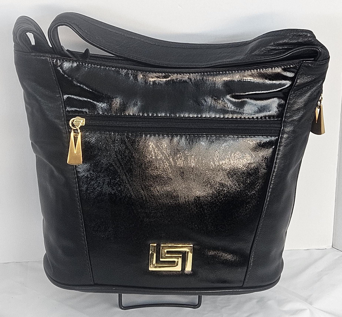 Black with black Patton leather hand made handbag! Z metal design.Made in USA!TR8006bk-bkpt