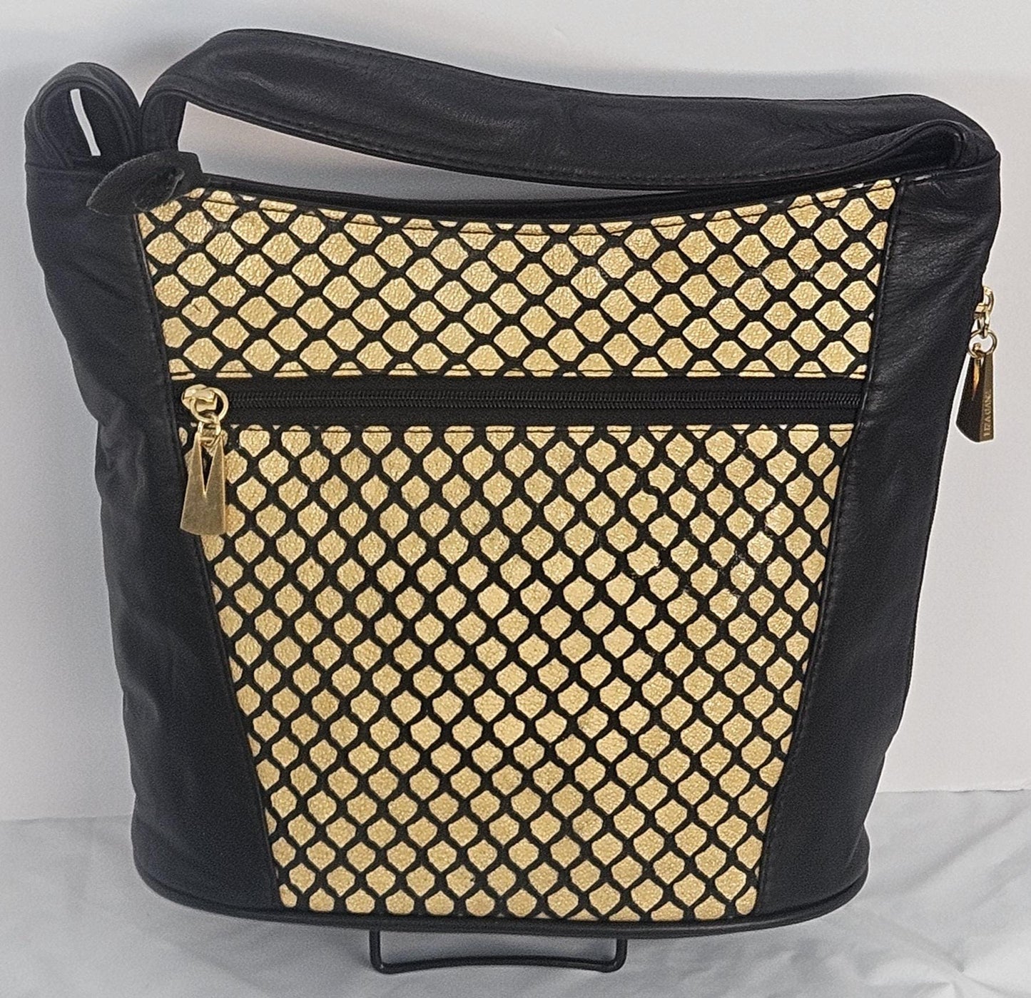 Black with gold & black print leather Hand Made Handbag Genuine Leather!Made in USA!TR8006bk-g-bk-p