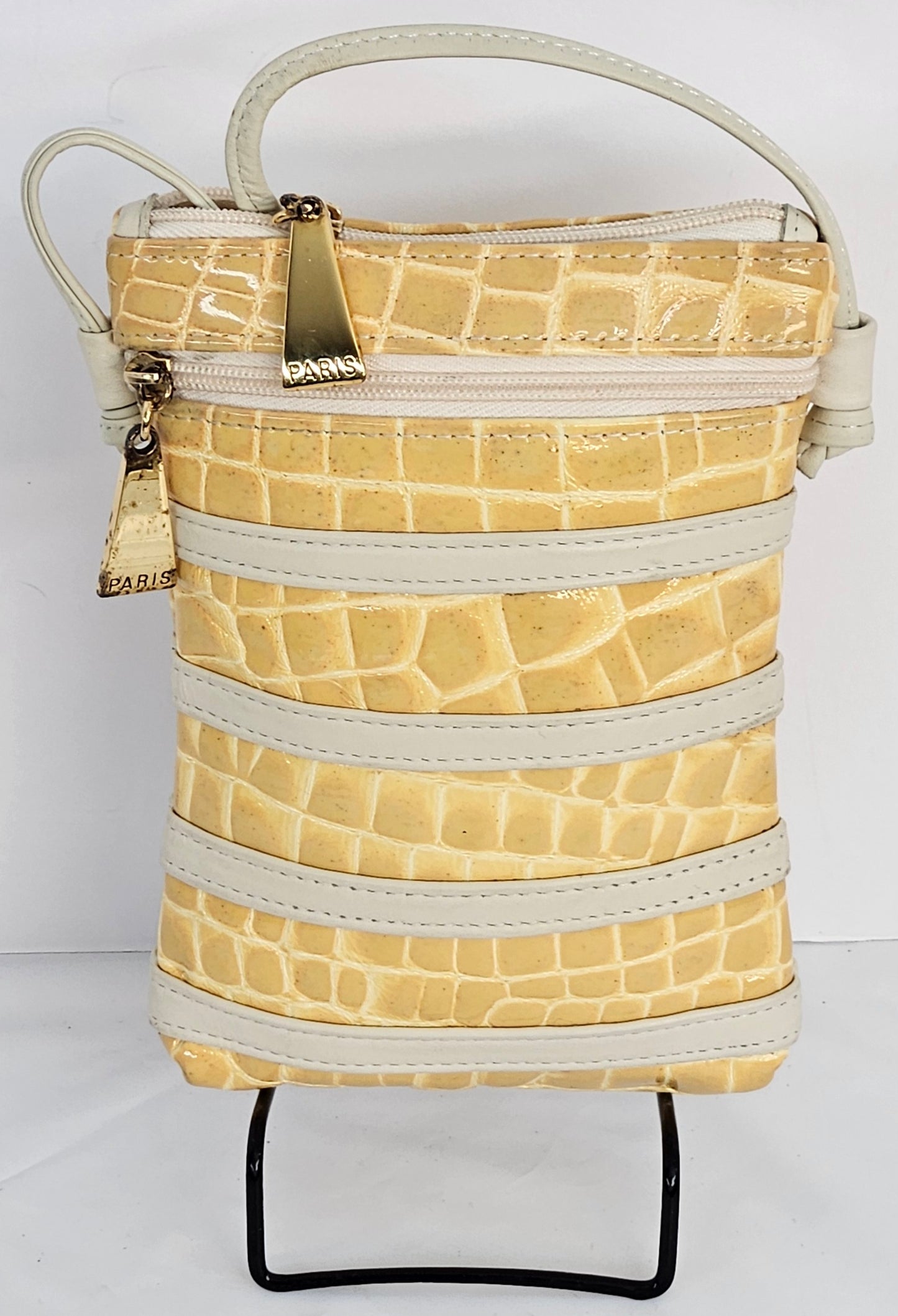 Beige with light yellow Crocodile Look Genuine Leather Handbag.Tr#p150Blyc.(101724)