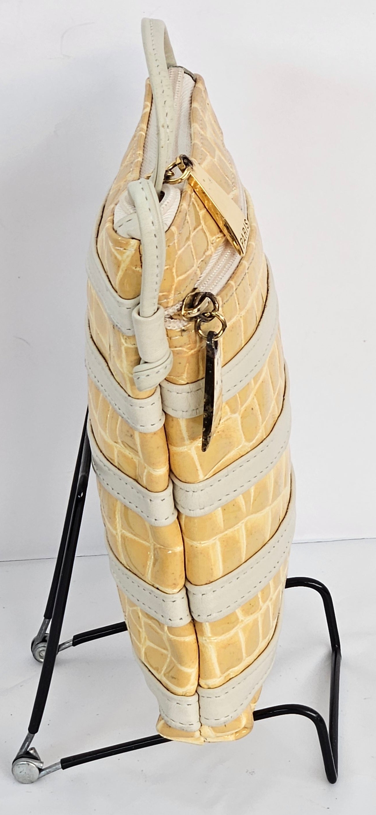 Beige with light yellow Crocodile Look Genuine Leather Handbag.Tr#p150Blyc.(101724)