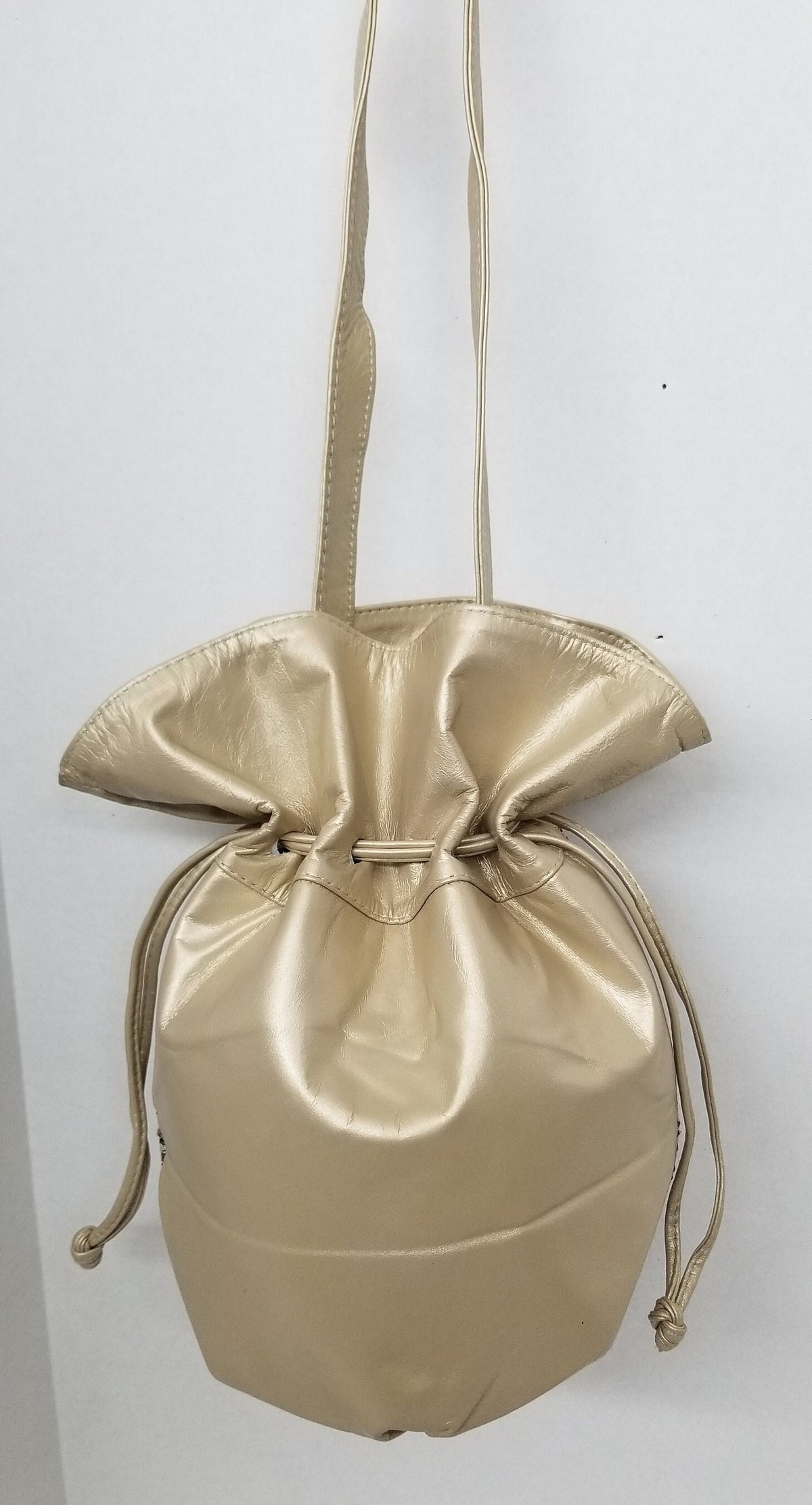 Champagne Genuine Leather Drowsting Bag, Zigzag Design, Made in USA