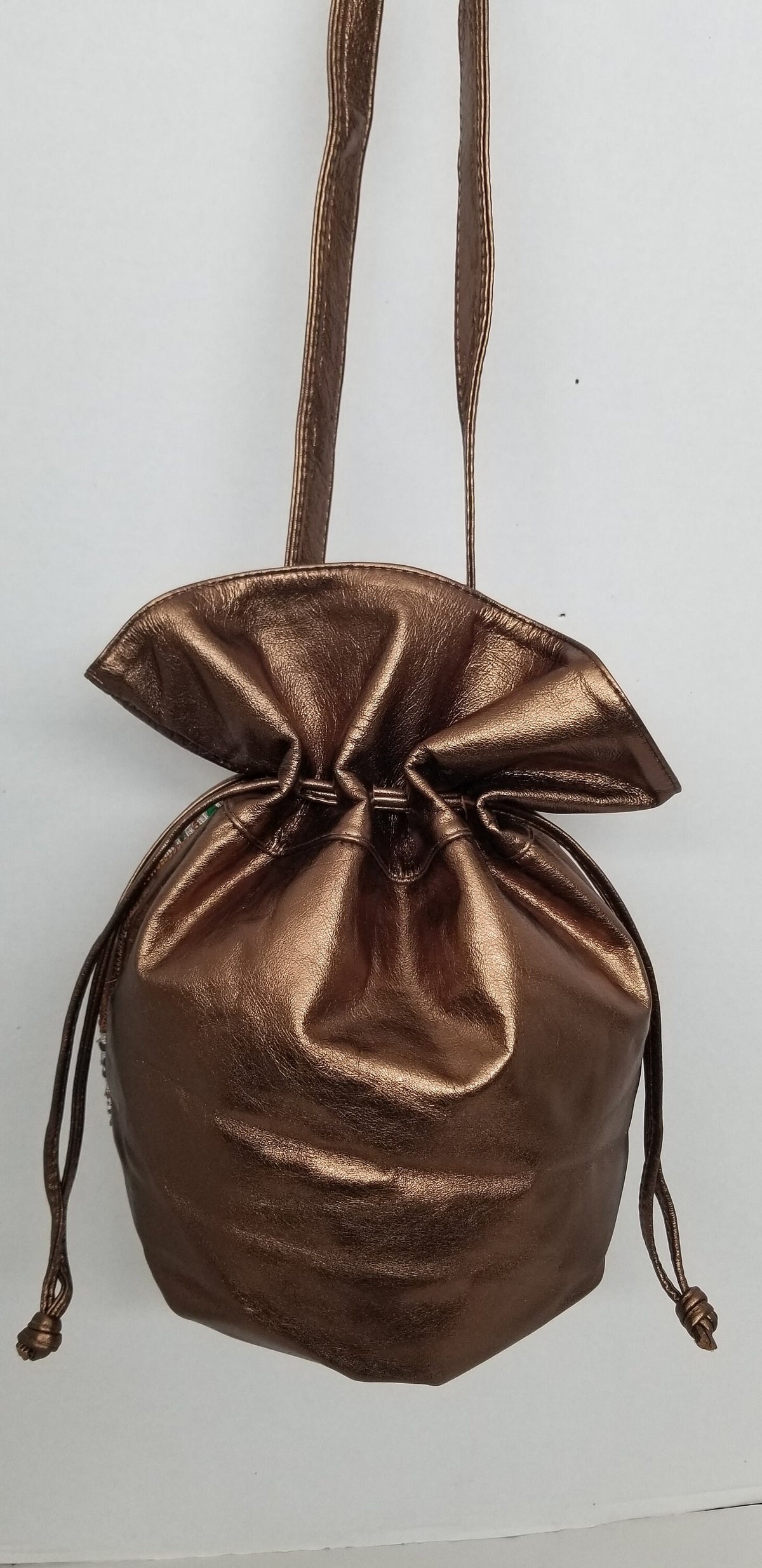 Bronze Leather Drawstring Purse, Zigzag Fabric Straps, Made in USA