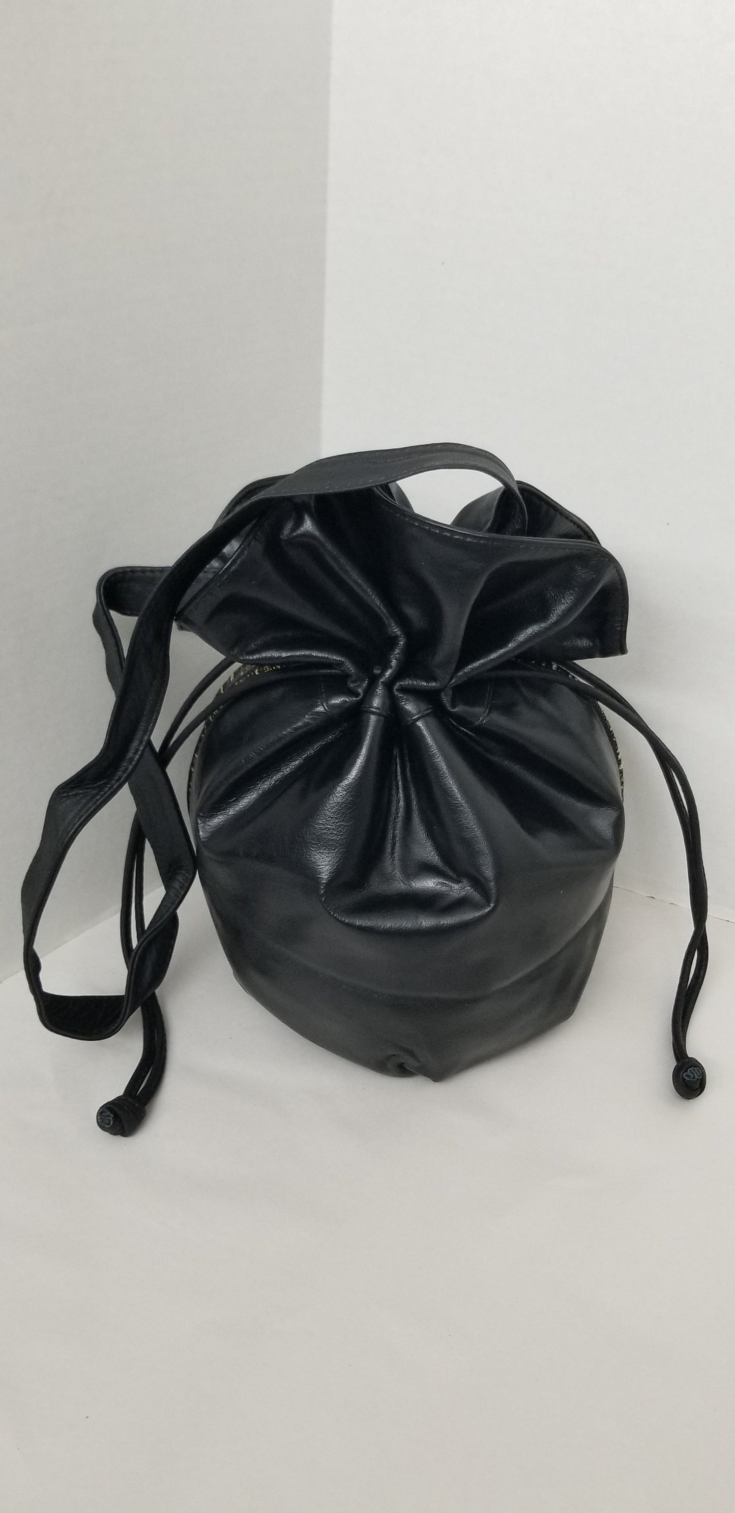 Black Leather Drawstring Shoulder Bag, Gold Zigzag Fabric, Handmade in USA