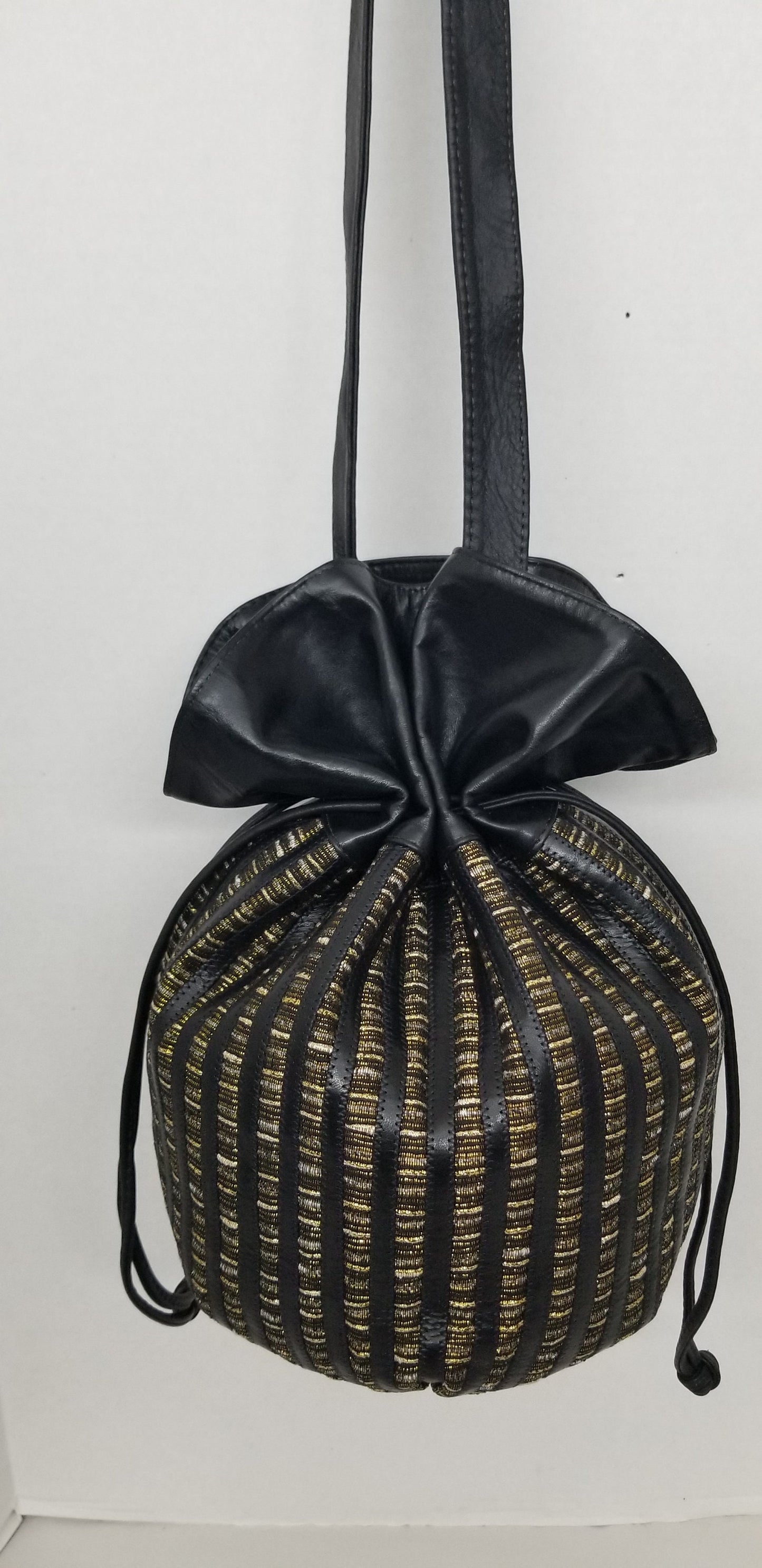 Black Leather Drawstring Shoulder Bag, Gold Zigzag Fabric, Handmade in USA