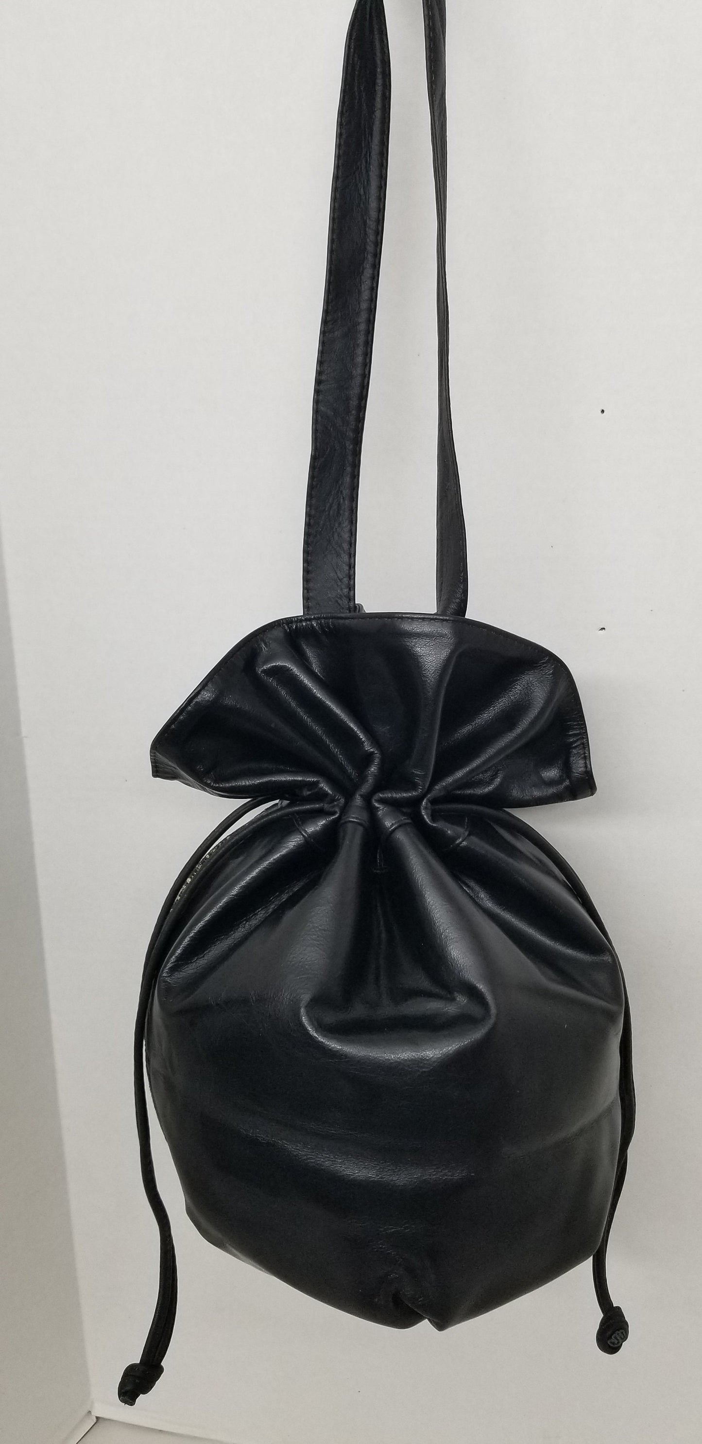 Black Leather Drawstring Shoulder Bag, Gold Zigzag Fabric, Handmade in USA